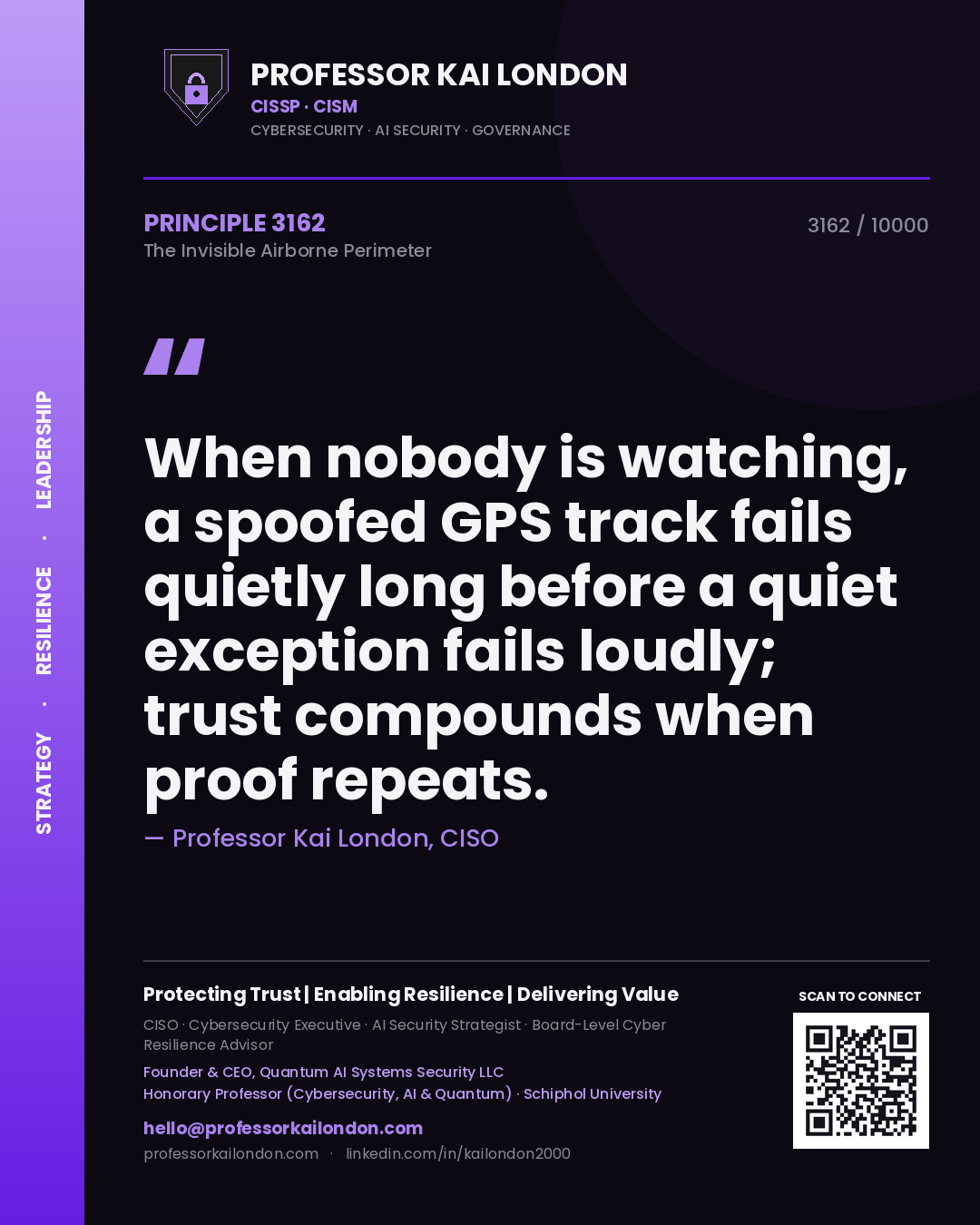 Quote card by Professor Kai London reading 'When nobody is watching, a spoofed GPS track fails quietly long before a quiet exception fails loudly; trust compounds when proof repeats.'. From the book The Invisible Airborne Perimeter.