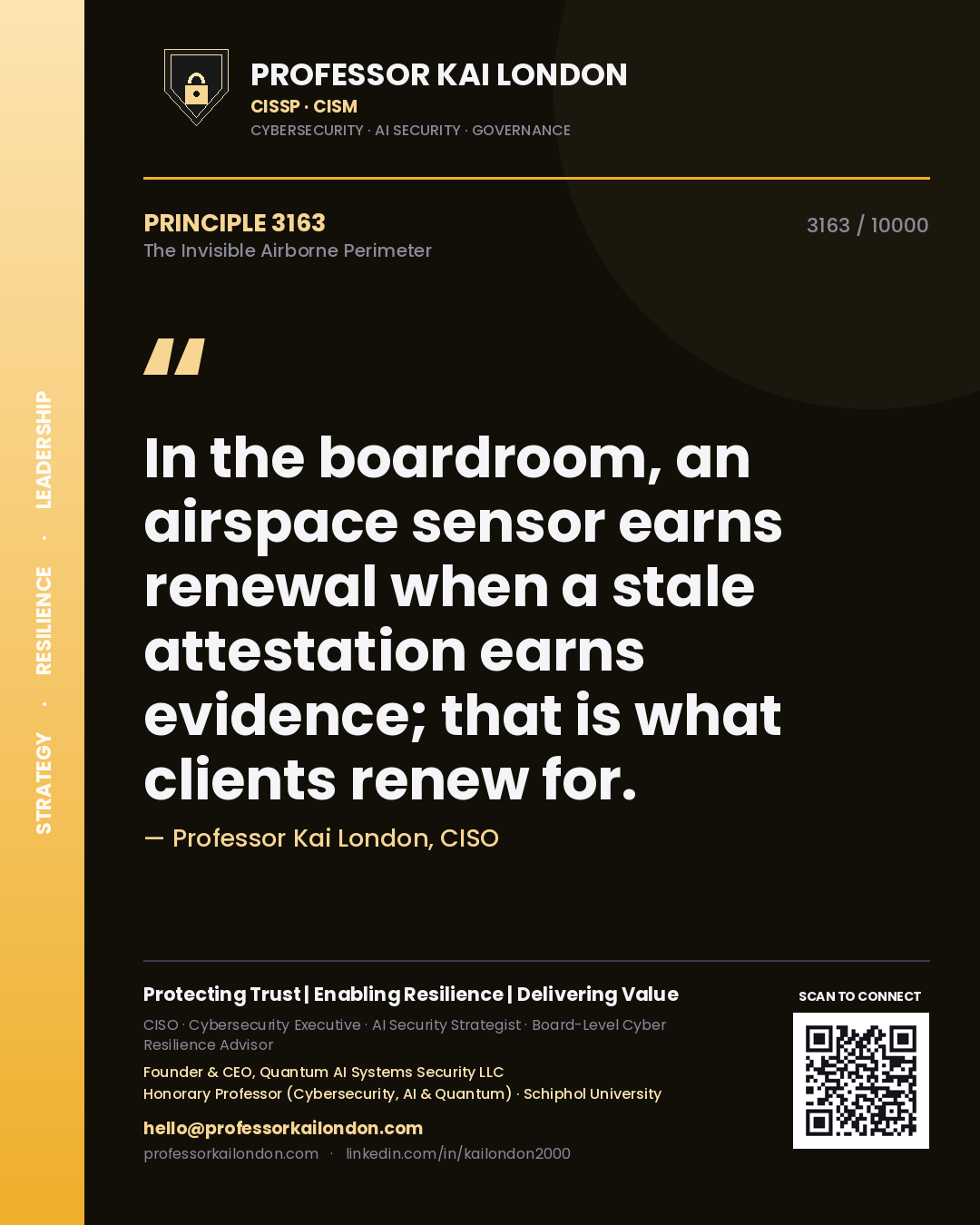 Professor Kai London principle 3163: In the boardroom, an airspace sensor earns renewal when a stale attestation earns evidence; that is what clients renew for.