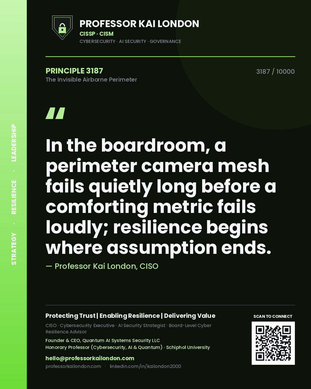 Professor Kai London principle 3187: In the boardroom, a perimeter camera mesh fails quietly long before a comforting metric fails loudly; resilience begins where assumption ends.