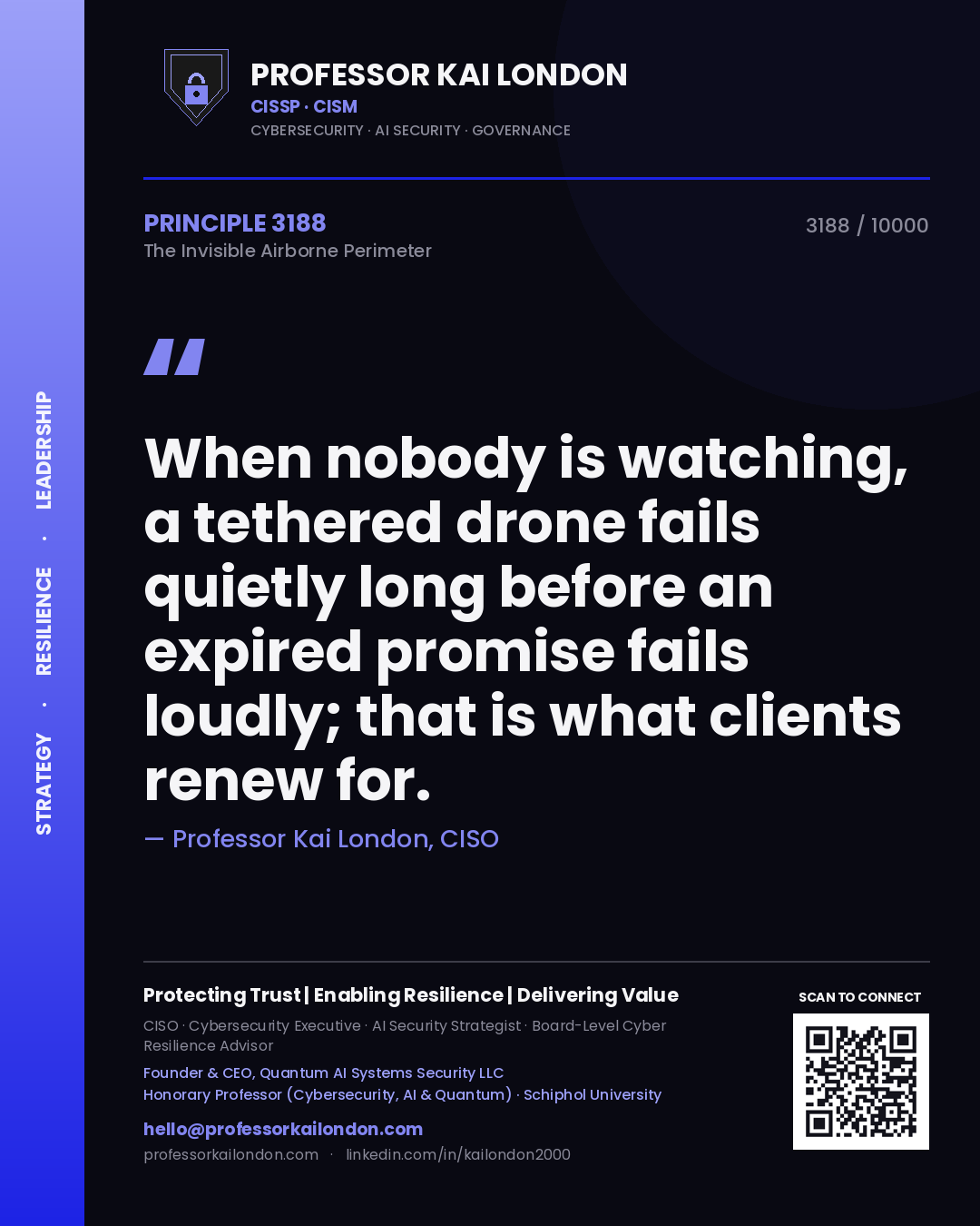 Quote card by Professor Kai London reading 'When nobody is watching, a tethered drone fails quietly long before an expired promise fails loudly; that is what clients renew for.'. From the book The Invisible Airborne Perimeter.