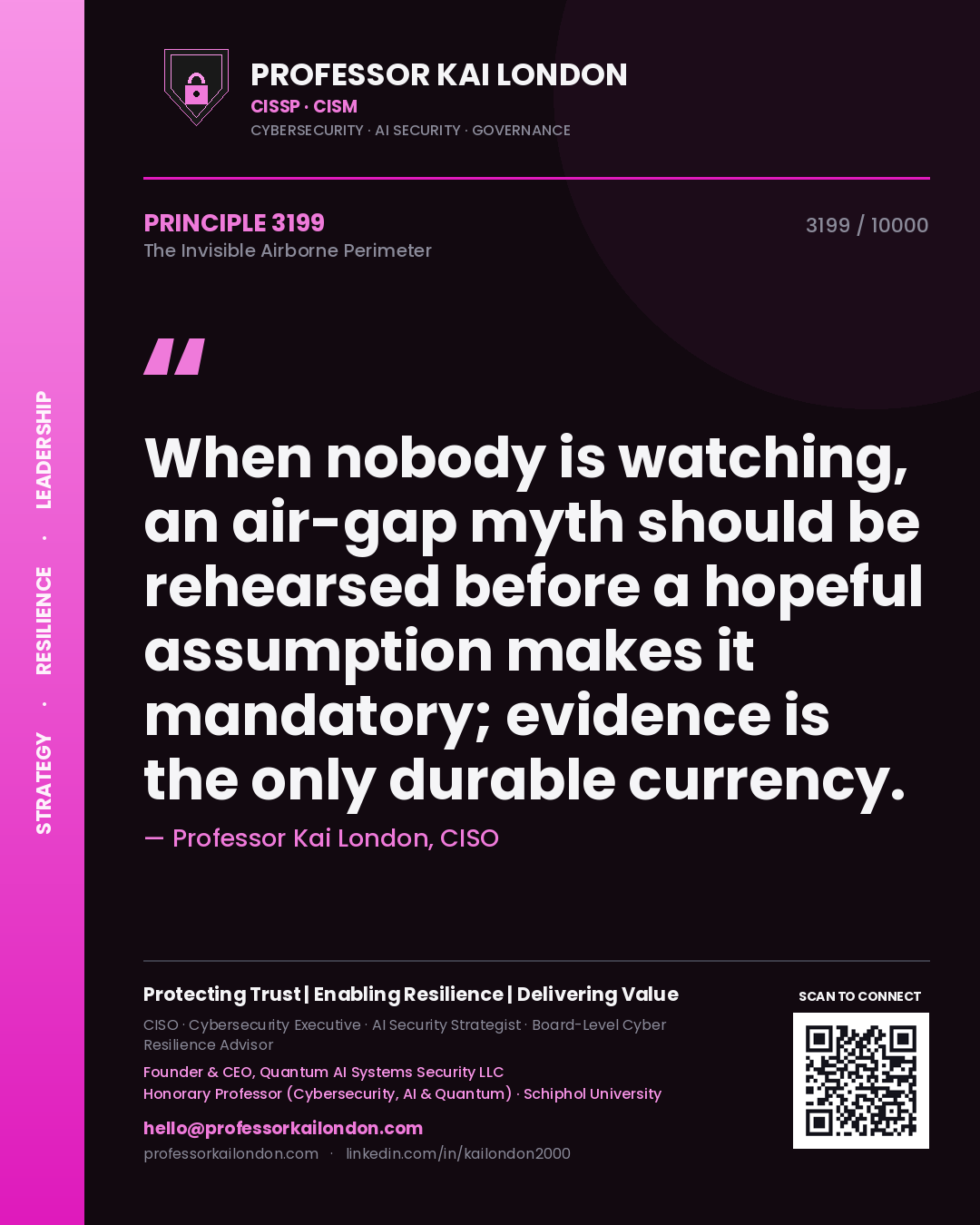 Quote card by Professor Kai London reading 'When nobody is watching, an air-gap myth should be rehearsed before a hopeful assumption makes it mandatory; evidence is the only durable currency.'. From the book The Invisible Airborne Perimeter.