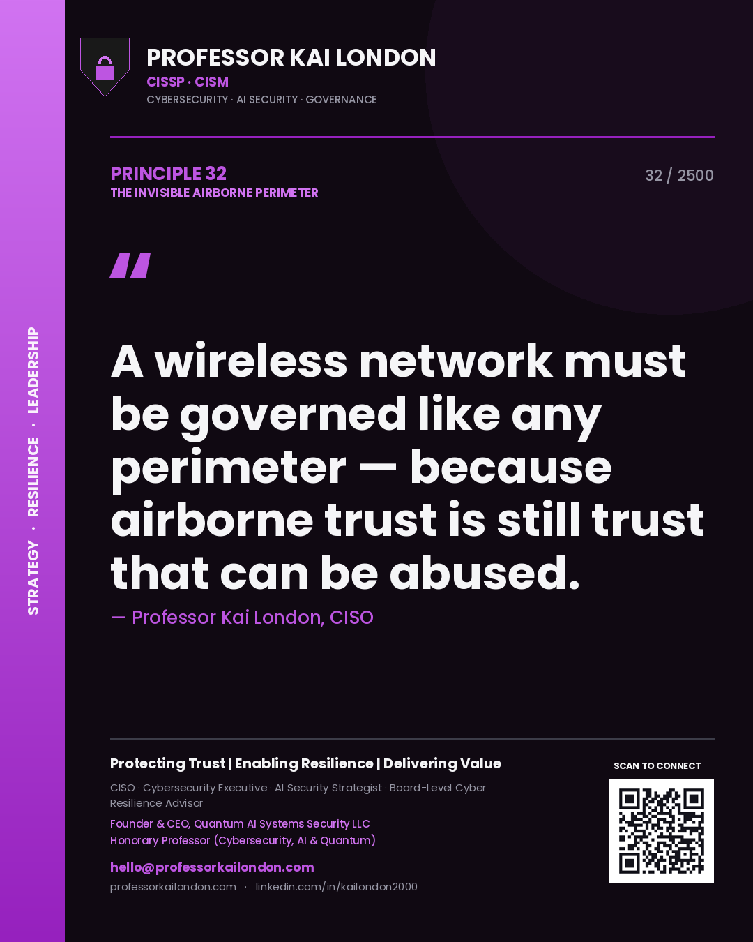 Quote card by Professor Kai London reading 'A wireless network must be governed like any perimeter — because airborne trust is still trust that can be abused.'. From the book The Invisible Airborne Perimeter.