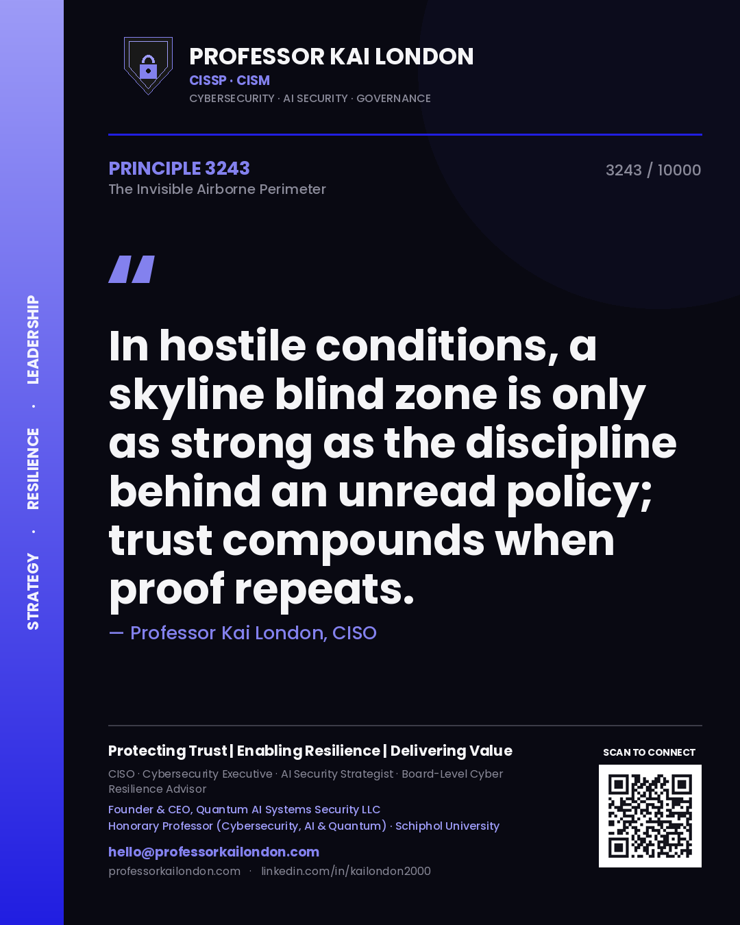Quote card by Professor Kai London reading 'In hostile conditions, a skyline blind zone is only as strong as the discipline behind an unread policy; trust compounds when proof repeats.'. From the book The Invisible Airborne Perimeter.