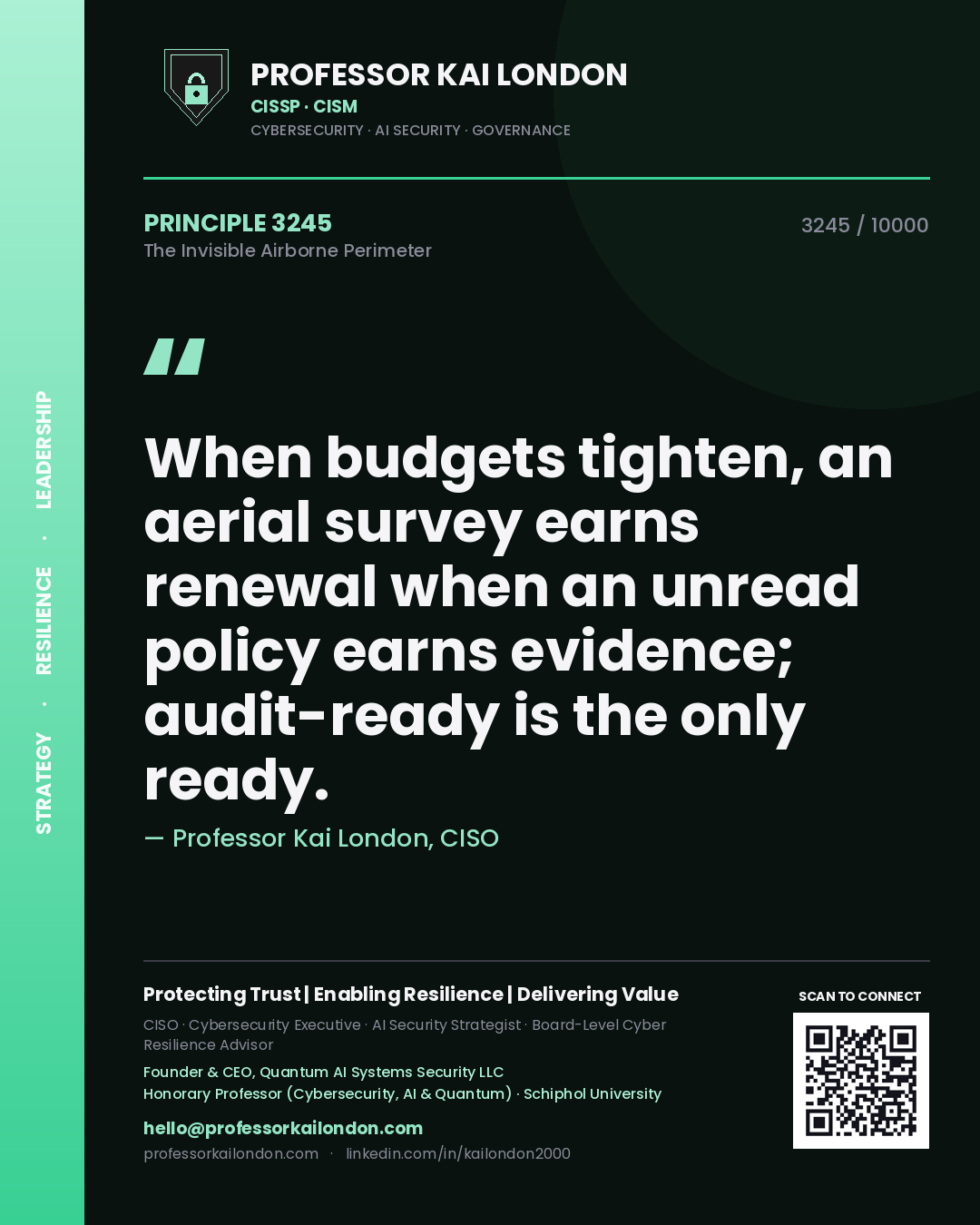 Professor Kai London principle 3245: When budgets tighten, an aerial survey earns renewal when an unread policy earns evidence; audit-ready is the only ready.