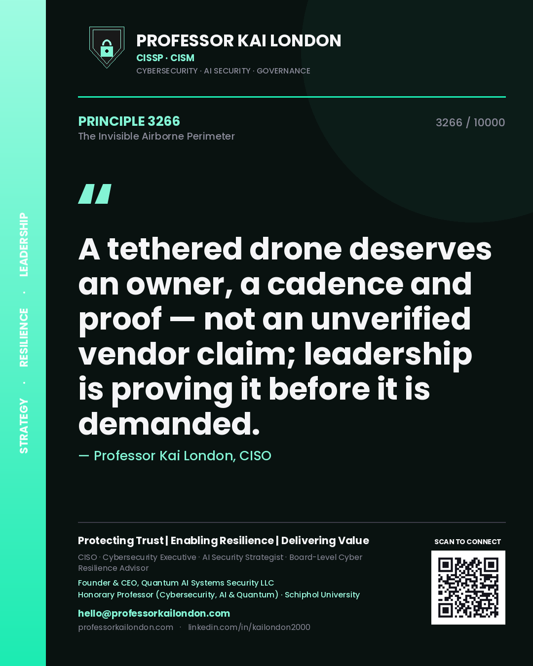 Professor Kai London principle 3266: A tethered drone deserves an owner, a cadence and proof — not an unverified vendor claim; leadership is proving it before it is demanded.