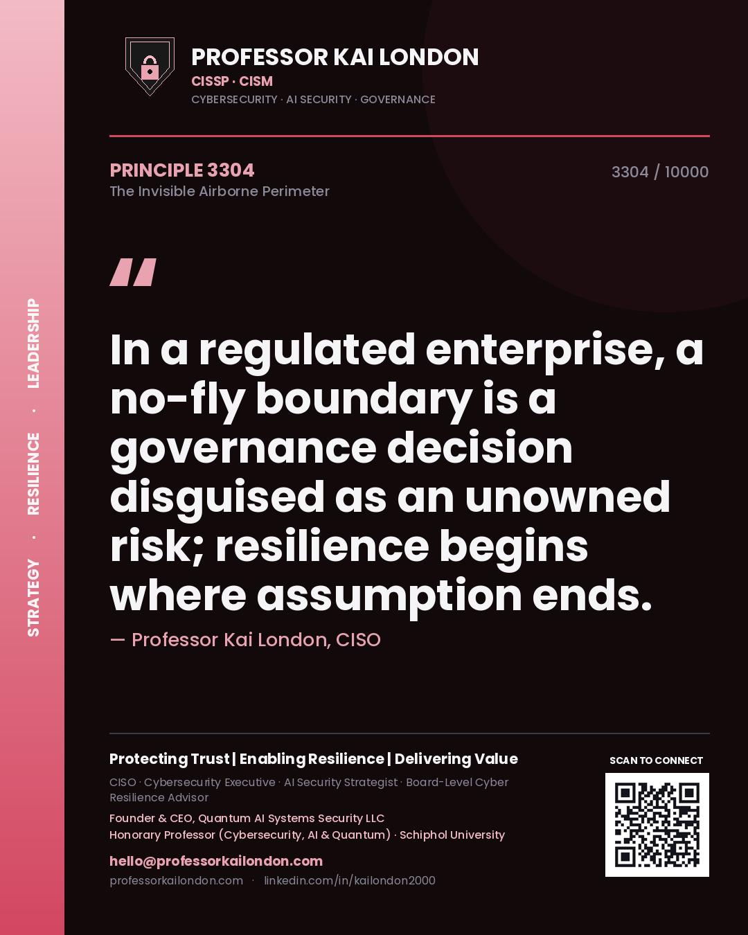 Quote card by Professor Kai London reading 'In a regulated enterprise, a no-fly boundary is a governance decision disguised as an unowned risk; resilience begins where assumption ends.'. From the book The Invisible Airborne Perimeter.