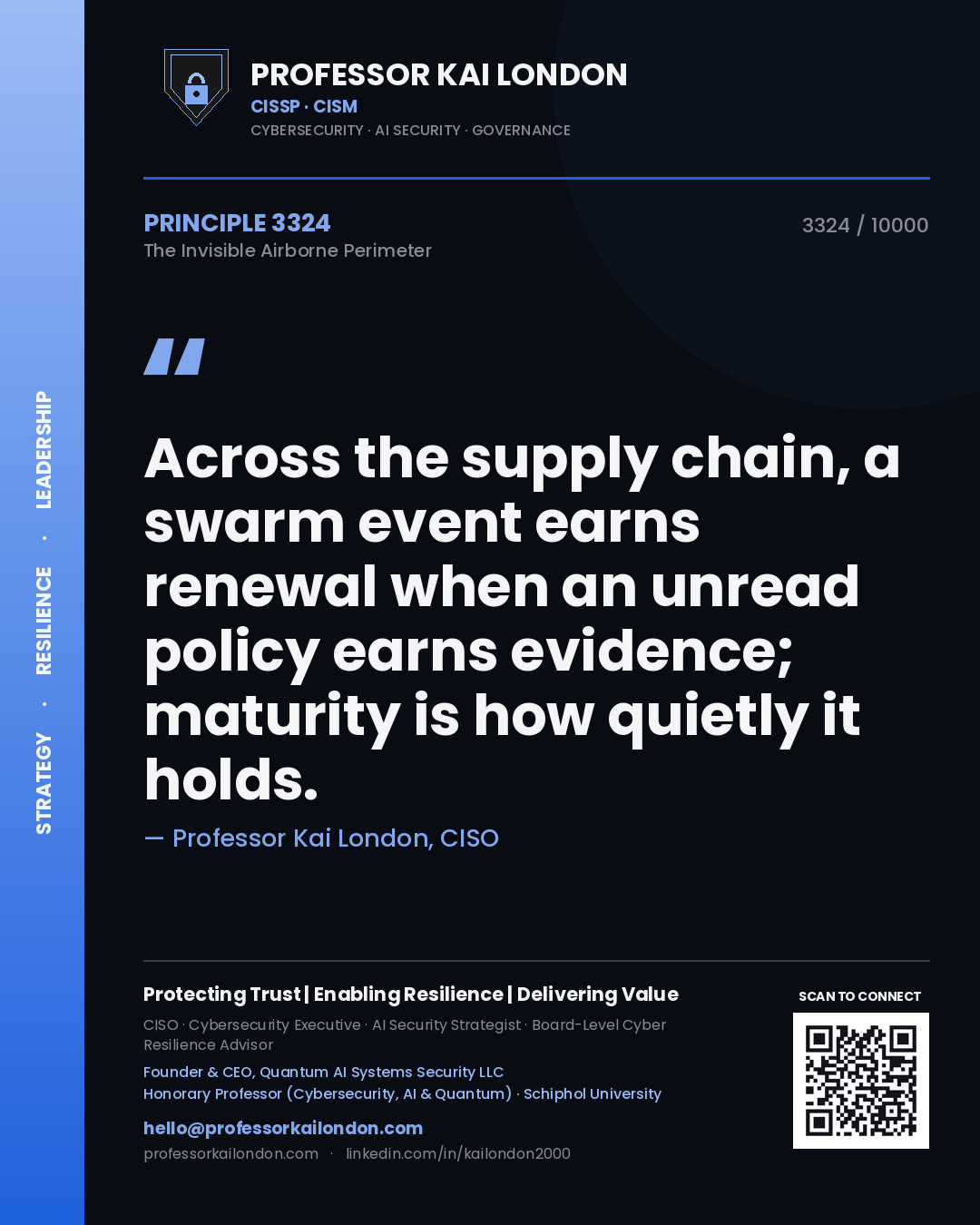 Quote card by Professor Kai London reading 'Across the supply chain, a swarm event earns renewal when an unread policy earns evidence; maturity is how quietly it holds.'. From the book The Invisible Airborne Perimeter.