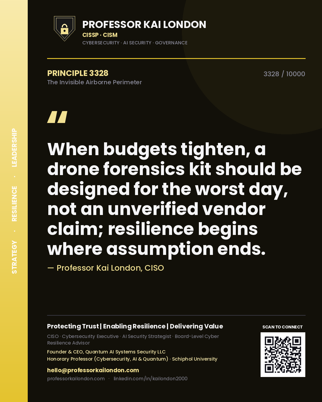 Quote card by Professor Kai London reading 'When budgets tighten, a drone forensics kit should be designed for the worst day, not an unverified vendor claim; resilience begins where assumption ends.'. From the book The Invisible Airborne Perimeter.