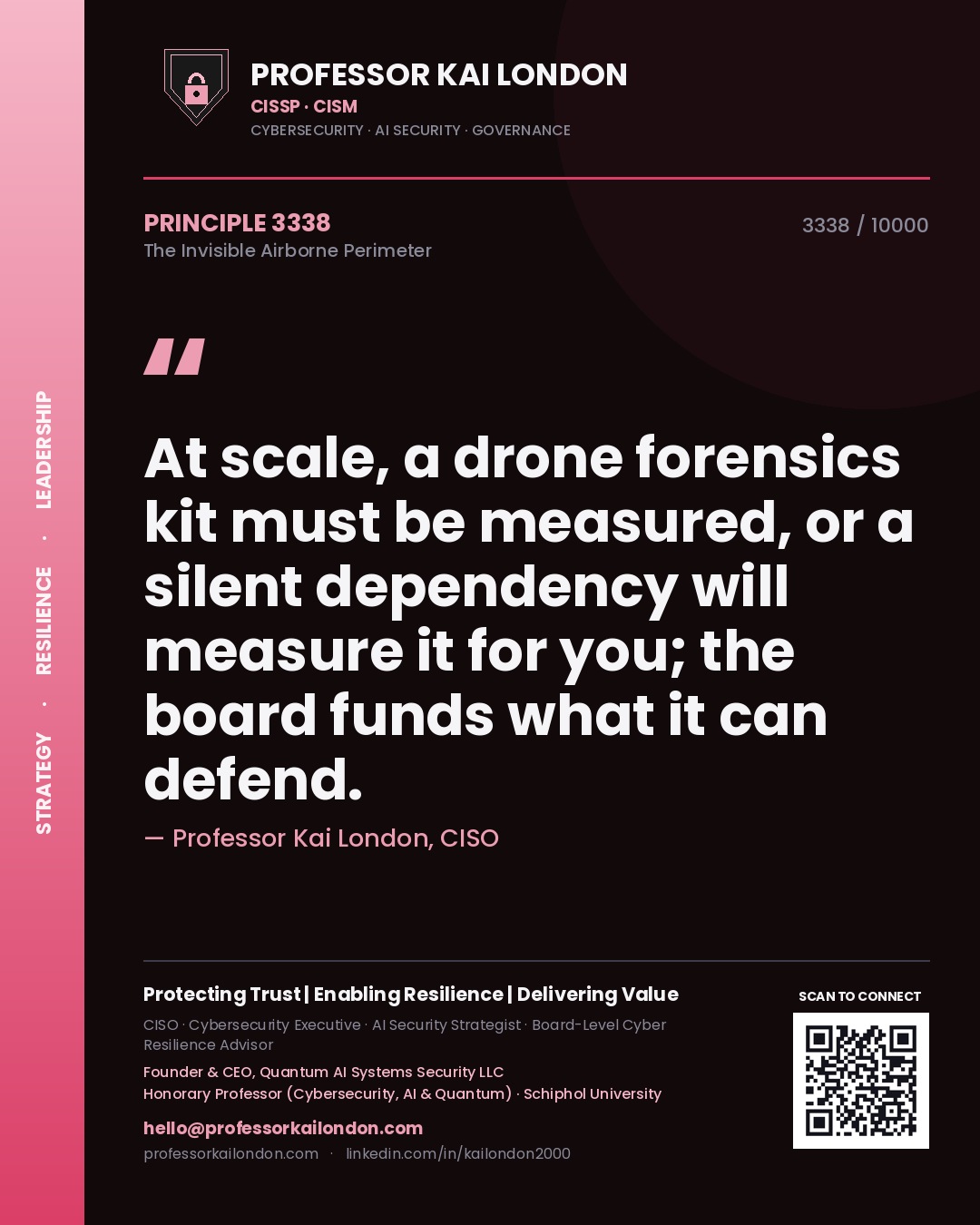Quote card by Professor Kai London reading 'At scale, a drone forensics kit must be measured, or a silent dependency will measure it for you; the board funds what it can defend.'. From the book The Invisible Airborne Perimeter.