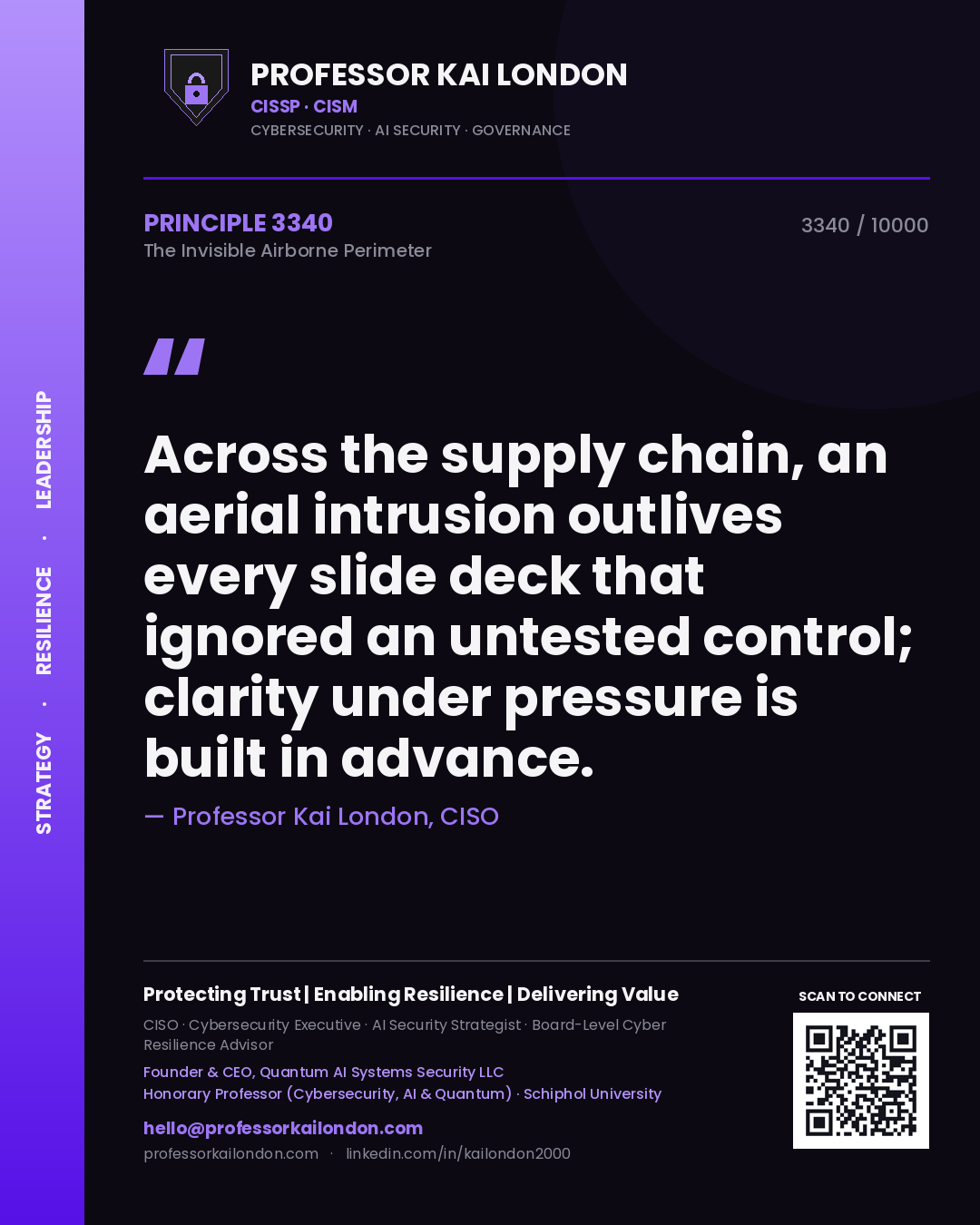 Professor Kai London principle 3340: Across the supply chain, an aerial intrusion outlives every slide deck that ignored an untested control; clarity under pressure is built in advance.