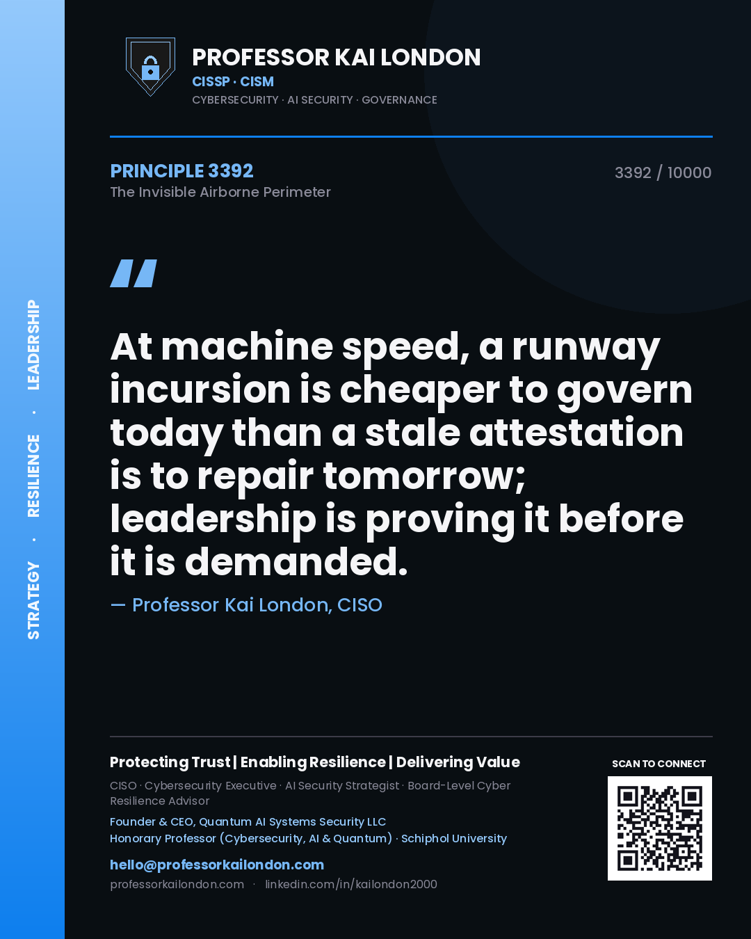 Quote card by Professor Kai London reading 'At machine speed, a runway incursion is cheaper to govern today than a stale attestation is to repair tomorrow; leadership is proving it before it is demanded.'. From the book The Invisible Airborne Perimeter.