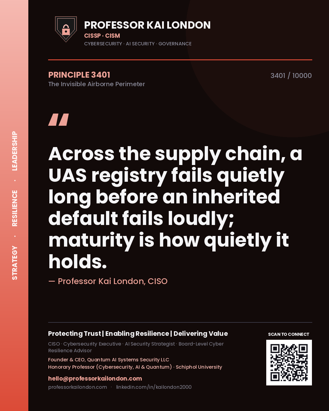 Professor Kai London principle 3401: Across the supply chain, a UAS registry fails quietly long before an inherited default fails loudly; maturity is how quietly it holds.