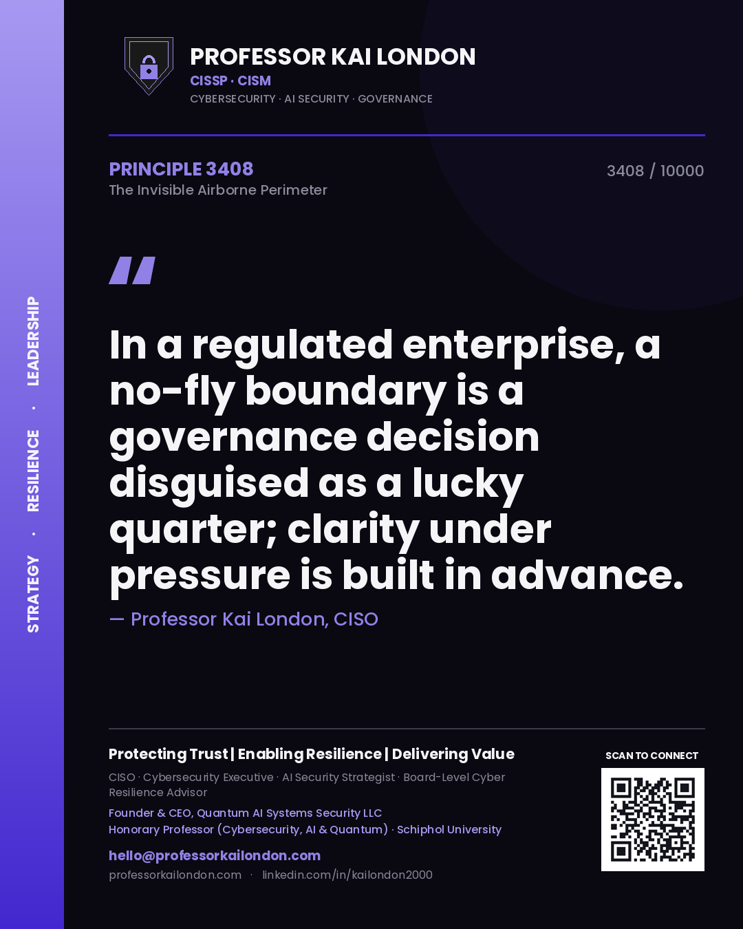 Quote card by Professor Kai London reading 'In a regulated enterprise, a no-fly boundary is a governance decision disguised as a lucky quarter; clarity under pressure is built in advance.'. From the book The Invisible Airborne Perimeter.