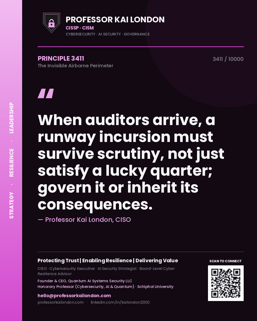 Professor Kai London principle 3411: When auditors arrive, a runway incursion must survive scrutiny, not just satisfy a lucky quarter; govern it or inherit its consequences.