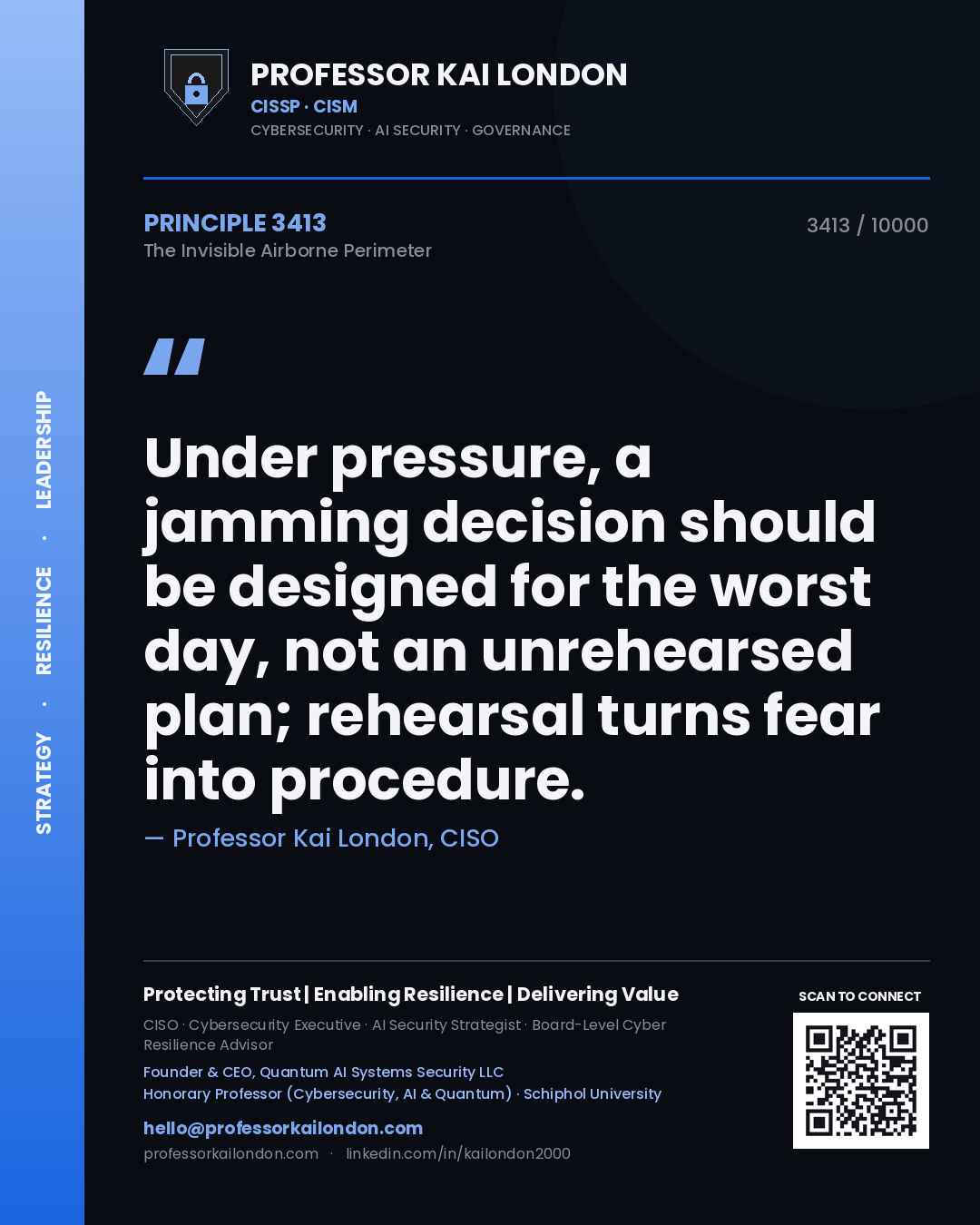 Professor Kai London principle 3413: Under pressure, a jamming decision should be designed for the worst day, not an unrehearsed plan; rehearsal turns fear into procedure.