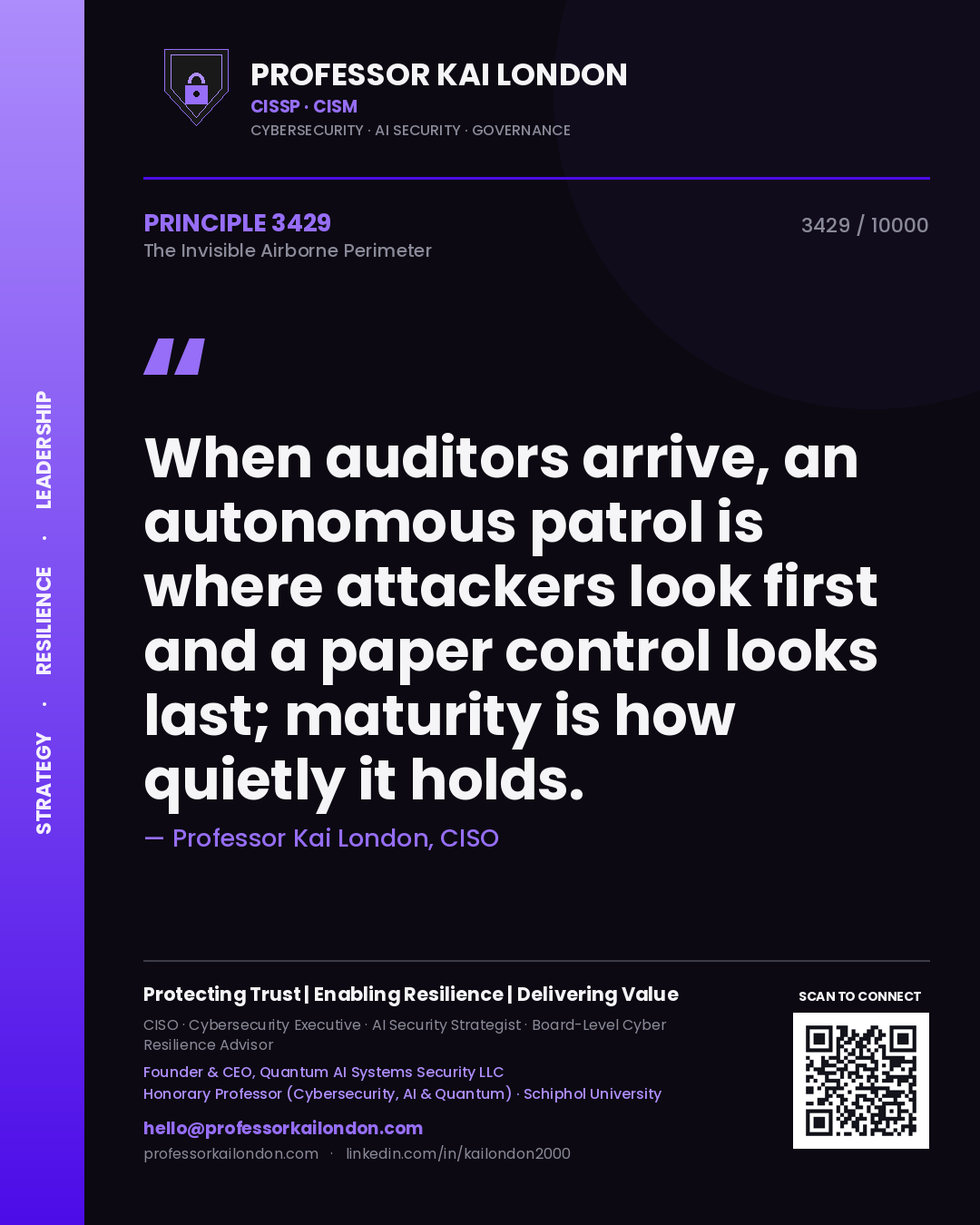 Quote card by Professor Kai London reading 'When auditors arrive, an autonomous patrol is where attackers look first and a paper control looks last; maturity is how quietly it holds.'. From the book The Invisible Airborne Perimeter.