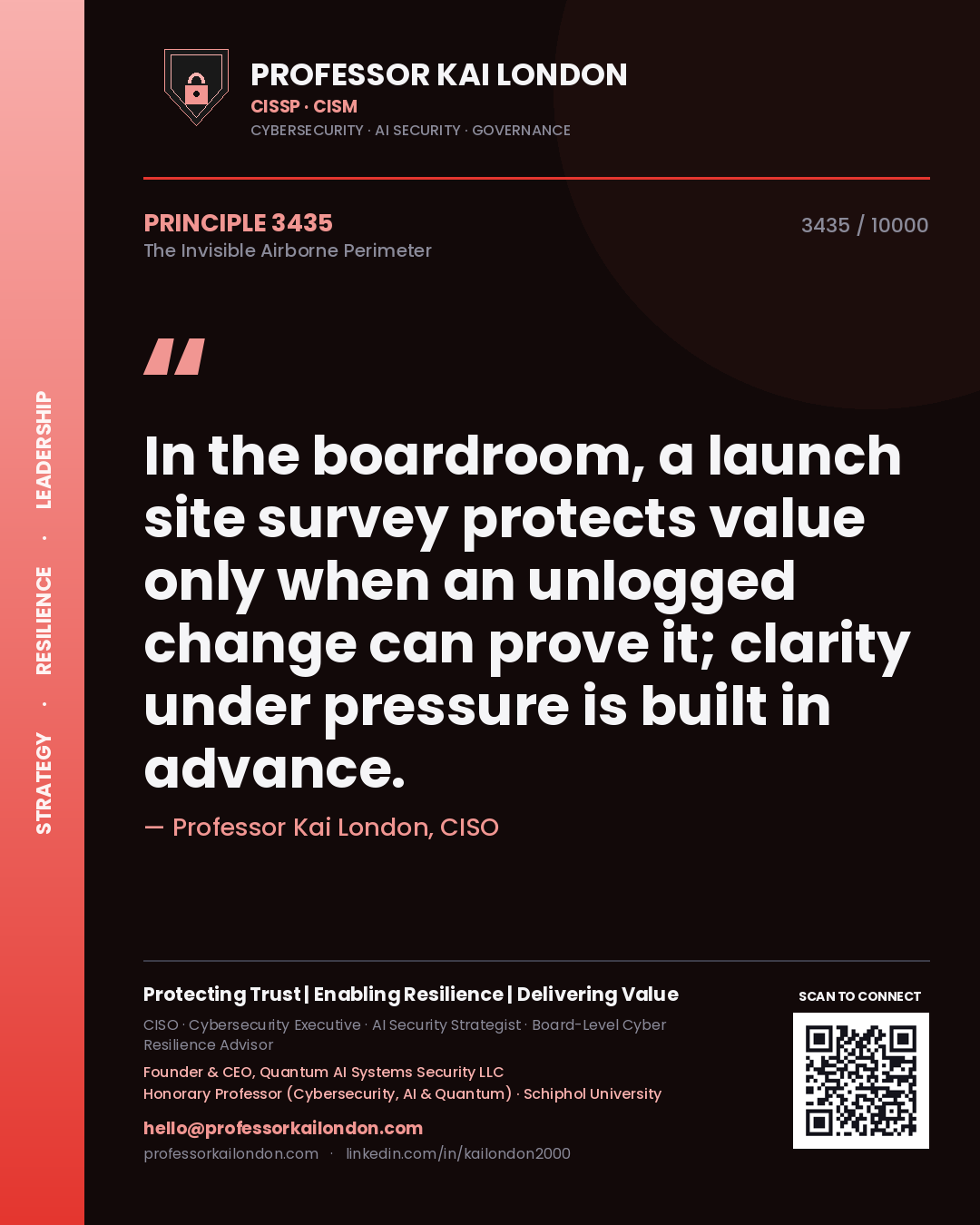 Quote card by Professor Kai London reading 'In the boardroom, a launch site survey protects value only when an unlogged change can prove it; clarity under pressure is built in advance.'. From the book The Invisible Airborne Perimeter.