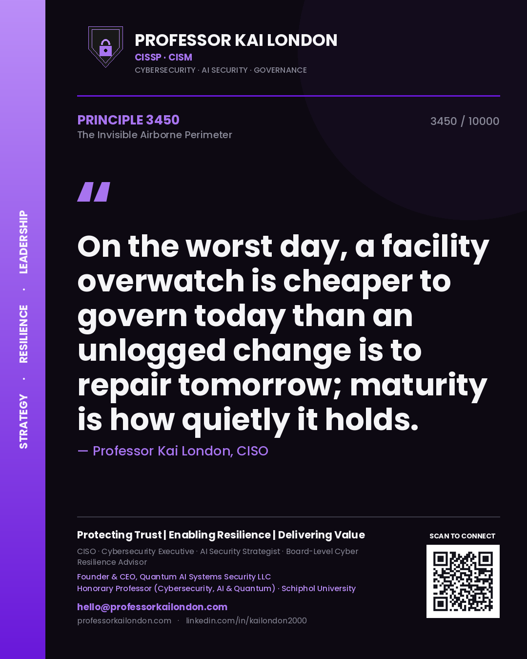 Quote card by Professor Kai London reading 'On the worst day, a facility overwatch is cheaper to govern today than an unlogged change is to repair tomorrow; maturity is how quietly it holds.'. From the book The Invisible Airborne Perimeter.