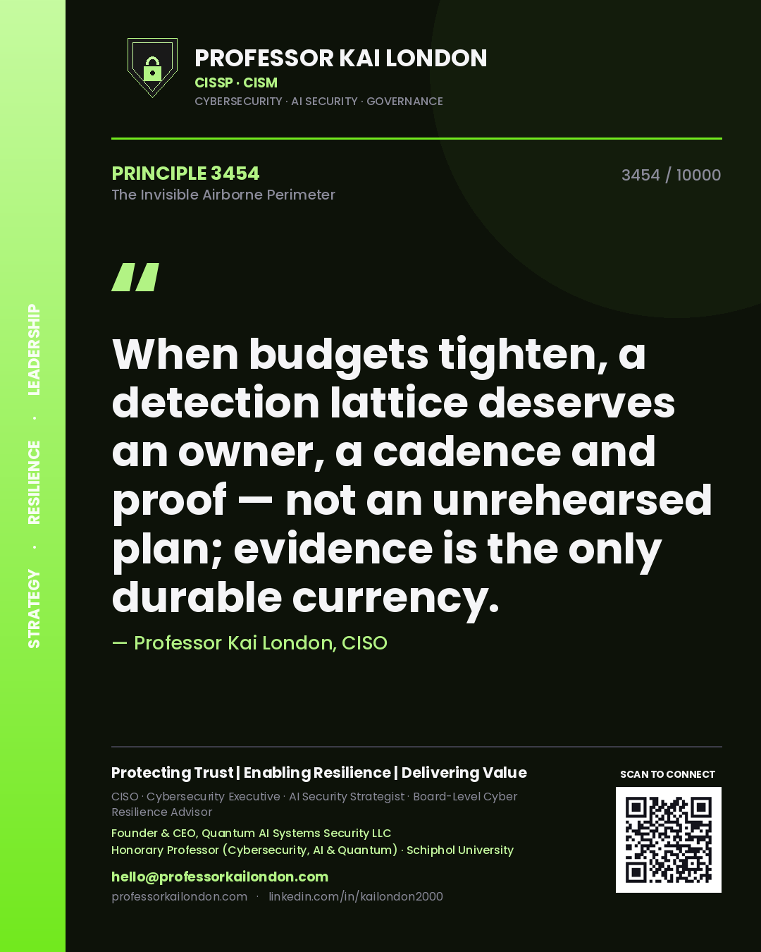 Quote card by Professor Kai London reading 'When budgets tighten, a detection lattice deserves an owner, a cadence and proof — not an unrehearsed plan; evidence is the only durable currency.'. From the book The Invisible Airborne Perimeter.