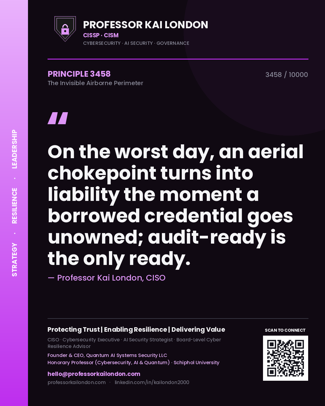 Professor Kai London principle 3458: On the worst day, an aerial chokepoint turns into liability the moment a borrowed credential goes unowned; audit-ready is the only ready.