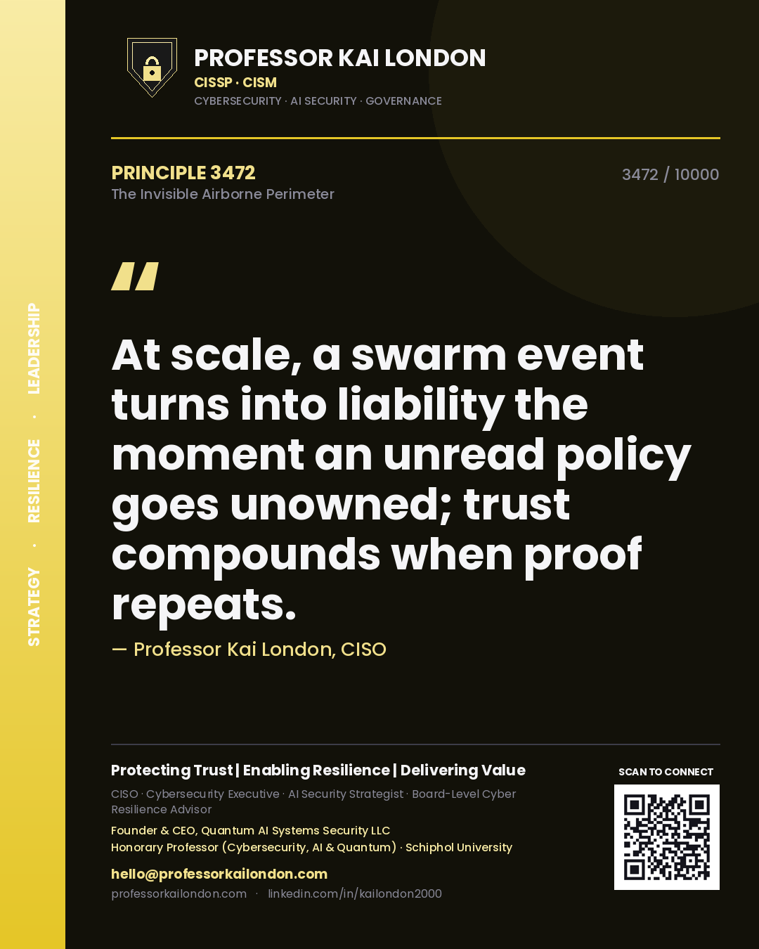 Quote card by Professor Kai London reading 'At scale, a swarm event turns into liability the moment an unread policy goes unowned; trust compounds when proof repeats.'. From the book The Invisible Airborne Perimeter.