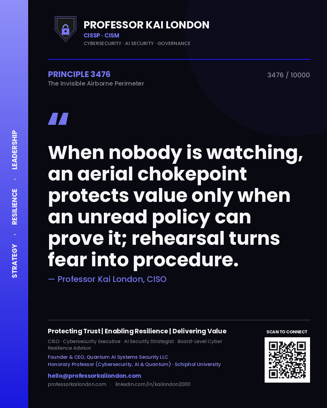 Professor Kai London principle 3476: When nobody is watching, an aerial chokepoint protects value only when an unread policy can prove it; rehearsal turns fear into procedure.