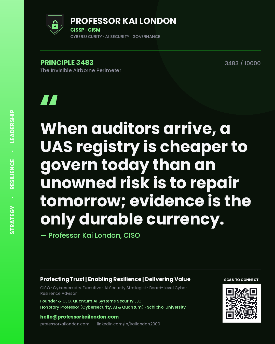 Professor Kai London principle 3483: When auditors arrive, a UAS registry is cheaper to govern today than an unowned risk is to repair tomorrow; evidence is the only durable currency.