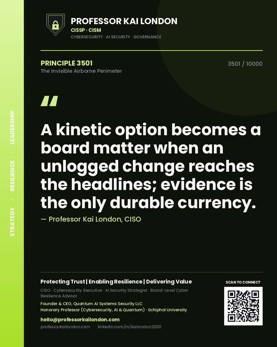 Quote card by Professor Kai London reading 'A kinetic option becomes a board matter when an unlogged change reaches the headlines; evidence is the only durable currency.'. From the book The Invisible Airborne Perimeter.