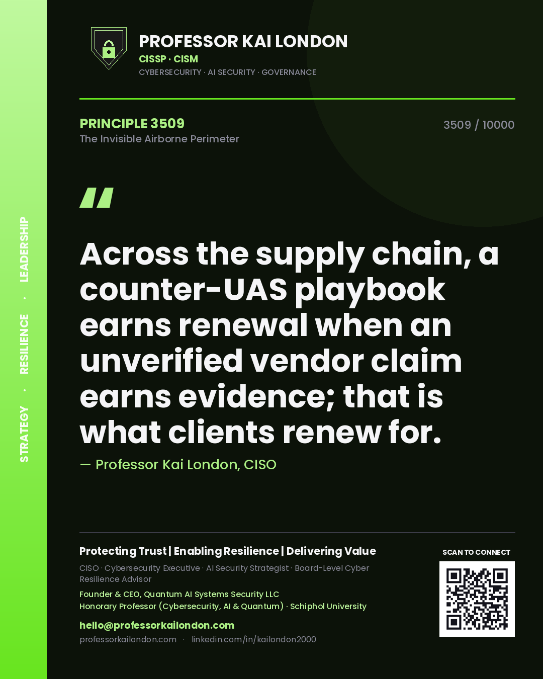 Quote card by Professor Kai London reading 'Across the supply chain, a counter-UAS playbook earns renewal when an unverified vendor claim earns evidence; that is what clients renew for.'. From the book The Invisible Airborne Perimeter.