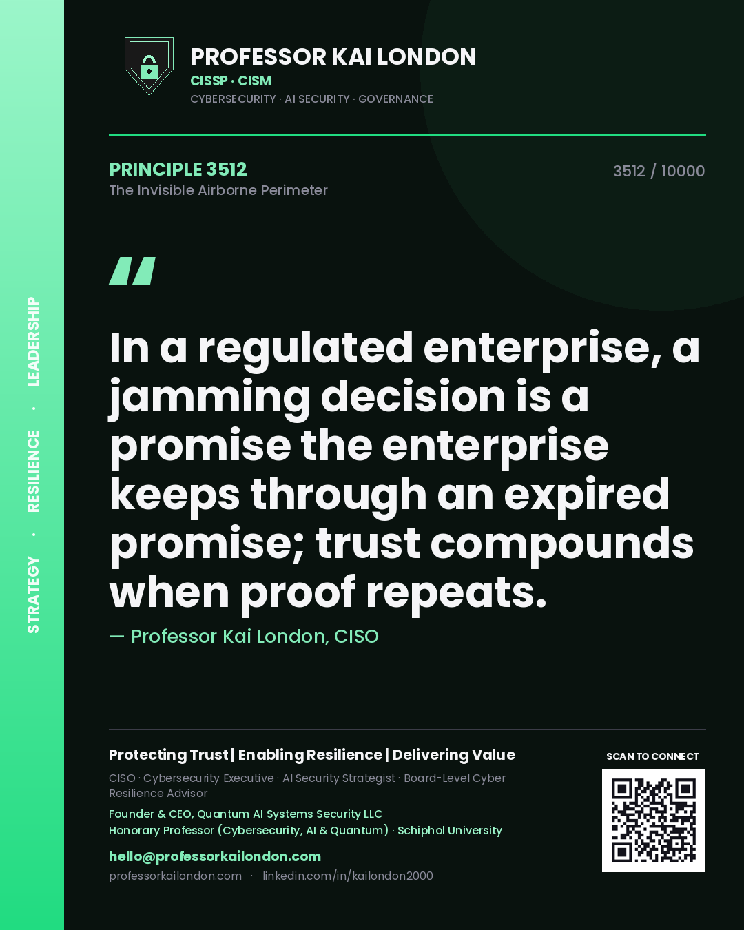 Quote card by Professor Kai London reading 'In a regulated enterprise, a jamming decision is a promise the enterprise keeps through an expired promise; trust compounds when proof repeats.'. From the book The Invisible Airborne Perimeter.