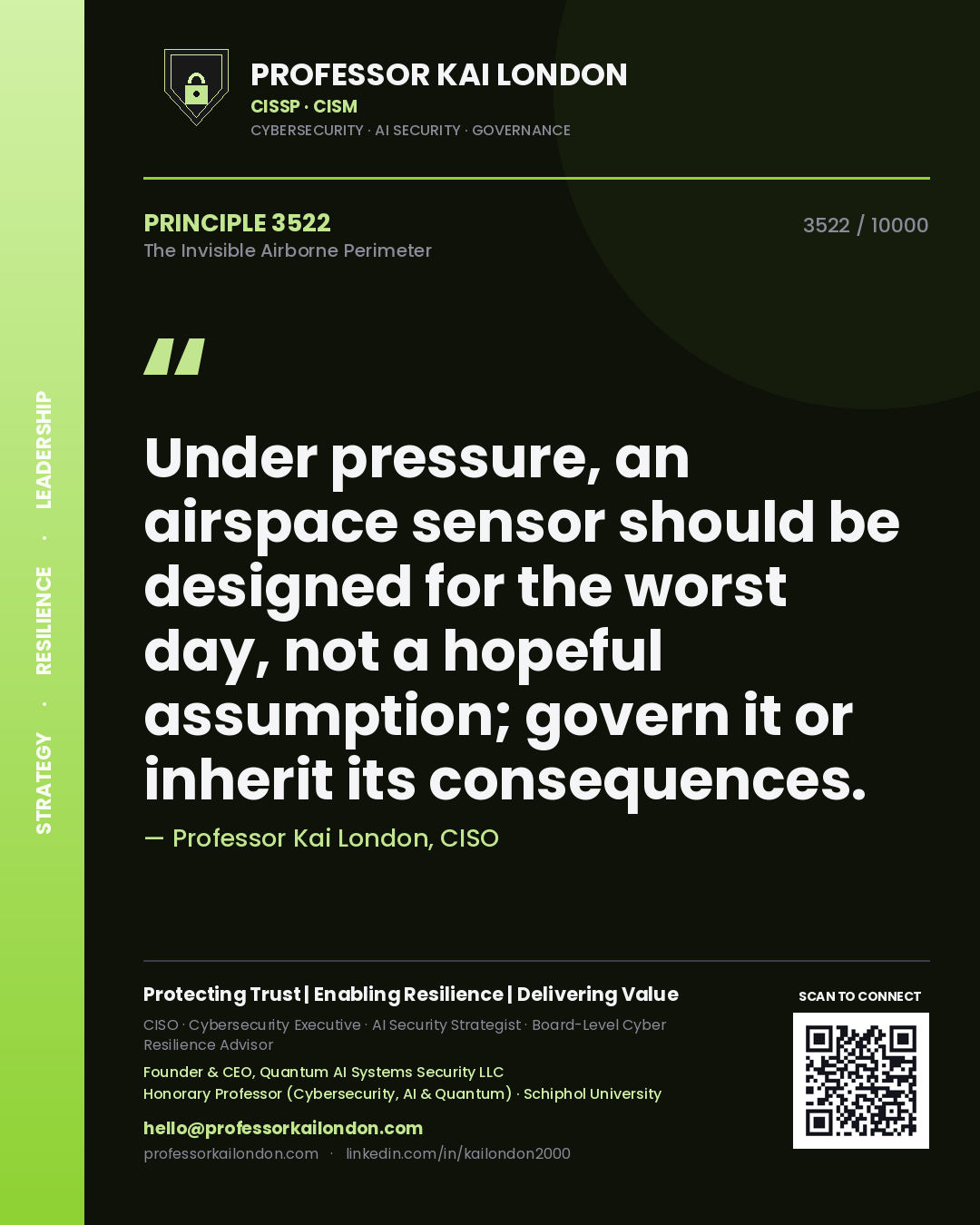Quote card by Professor Kai London reading 'Under pressure, an airspace sensor should be designed for the worst day, not a hopeful assumption; govern it or inherit its consequences.'. From the book The Invisible Airborne Perimeter.