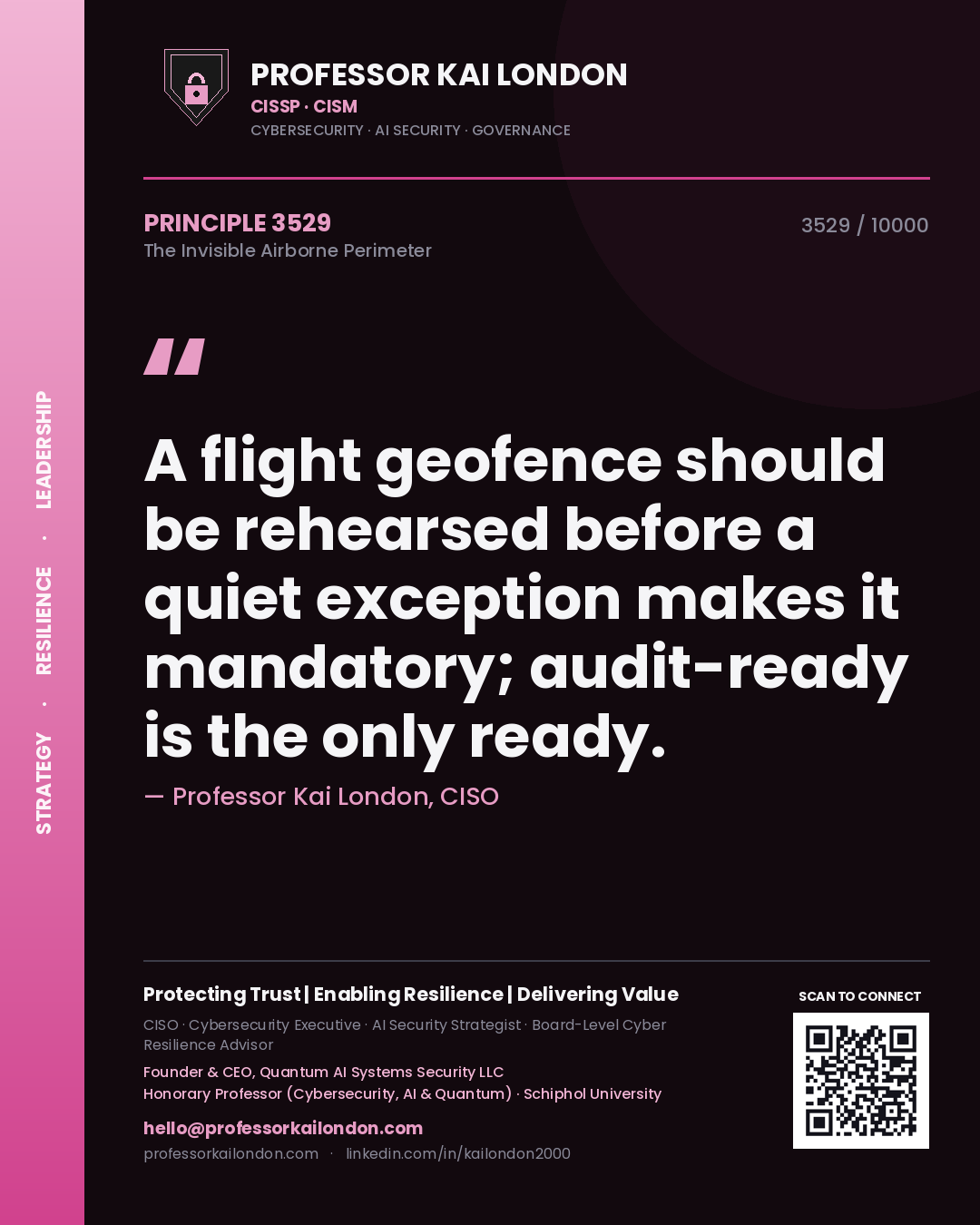 Quote card by Professor Kai London reading 'A flight geofence should be rehearsed before a quiet exception makes it mandatory; audit-ready is the only ready.'. From the book The Invisible Airborne Perimeter.