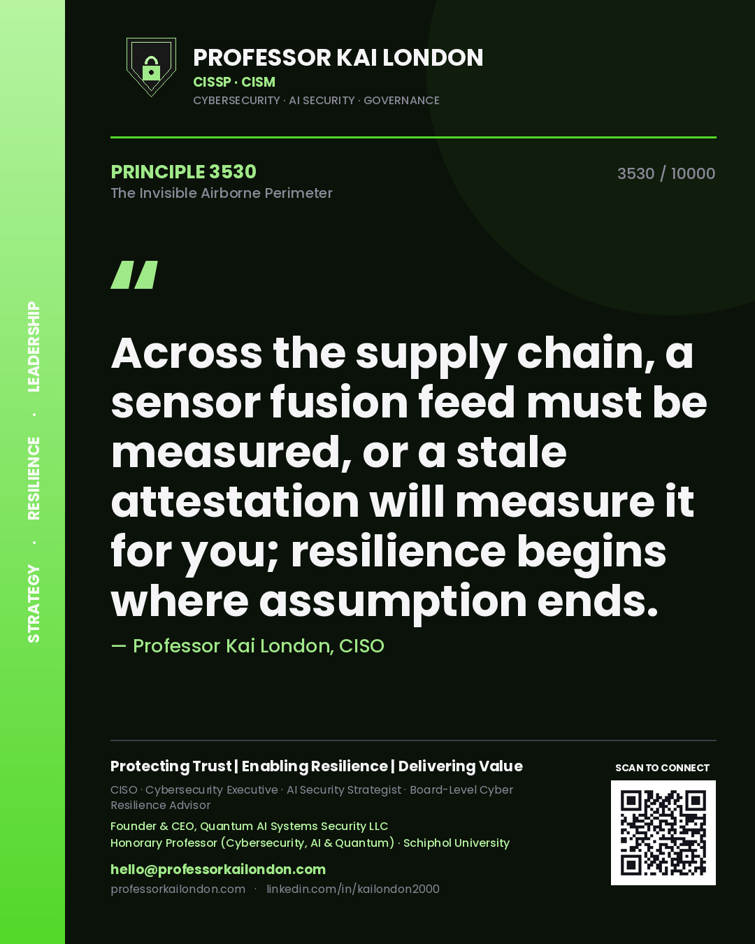 Quote card by Professor Kai London reading 'Across the supply chain, a sensor fusion feed must be measured, or a stale attestation will measure it for you; resilience begins where assumption ends.'. From the book The Invisible Airborne Perimeter.