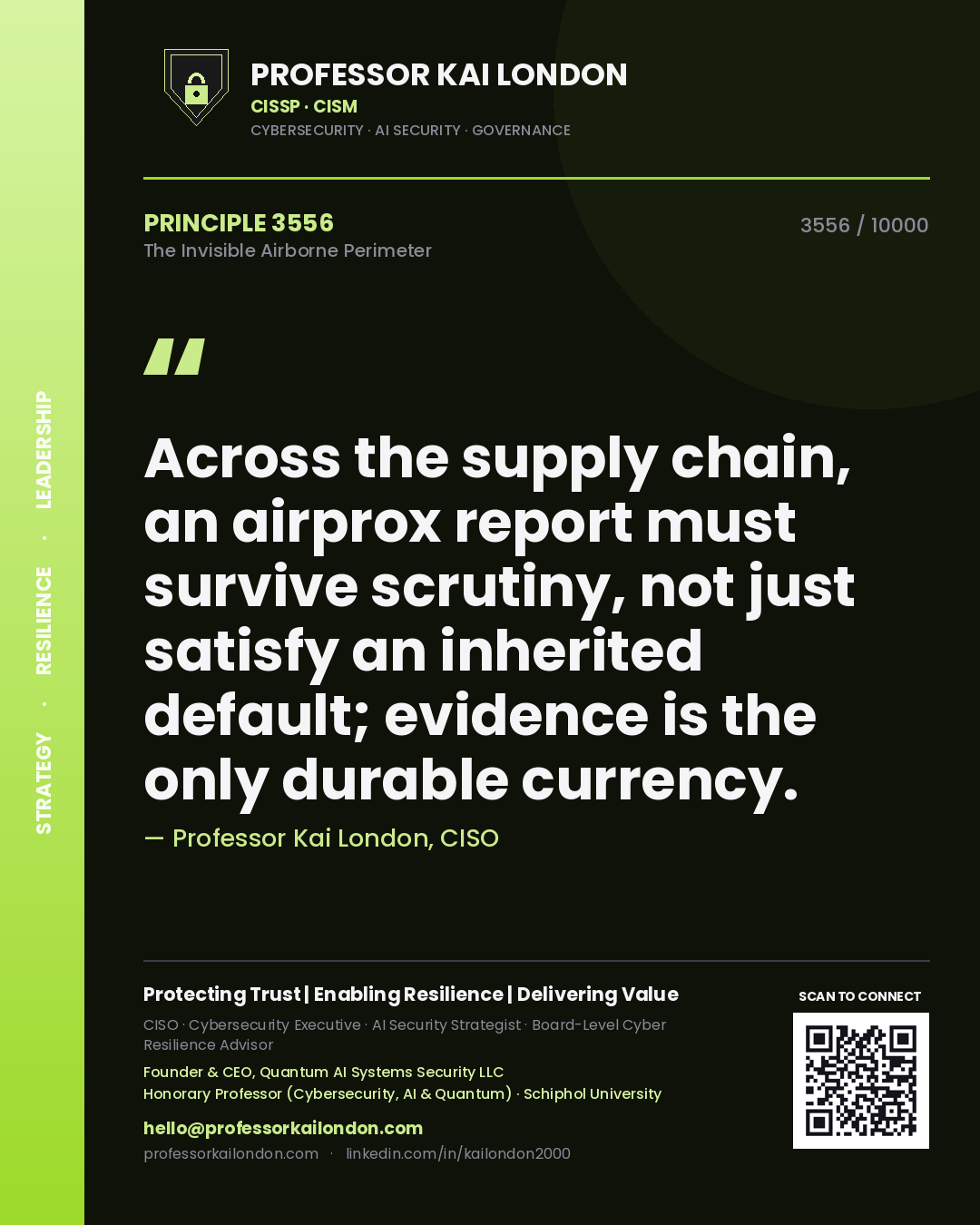 Quote card by Professor Kai London reading 'Across the supply chain, an airprox report must survive scrutiny, not just satisfy an inherited default; evidence is the only durable currency.'. From the book The Invisible Airborne Perimeter.
