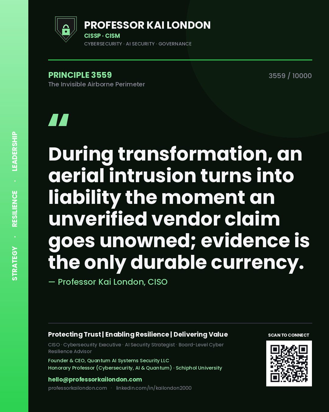 Professor Kai London principle 3559: During transformation, an aerial intrusion turns into liability the moment an unverified vendor claim goes unowned; evidence is the only durable currency.