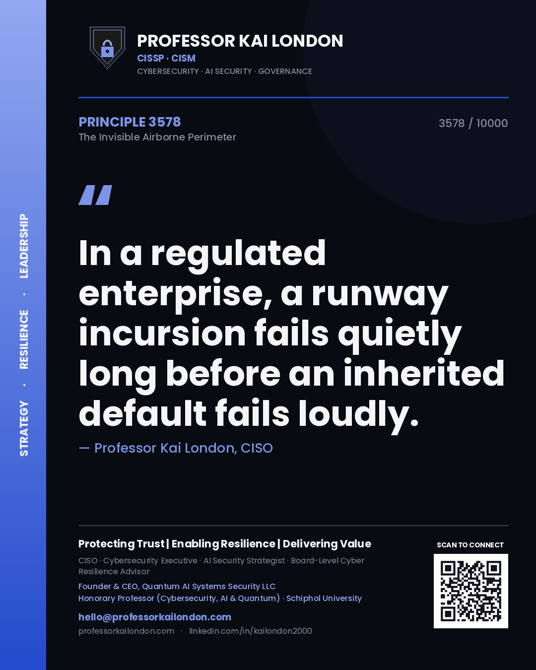 Professor Kai London principle 3578: In a regulated enterprise, a runway incursion fails quietly long before an inherited default fails loudly.