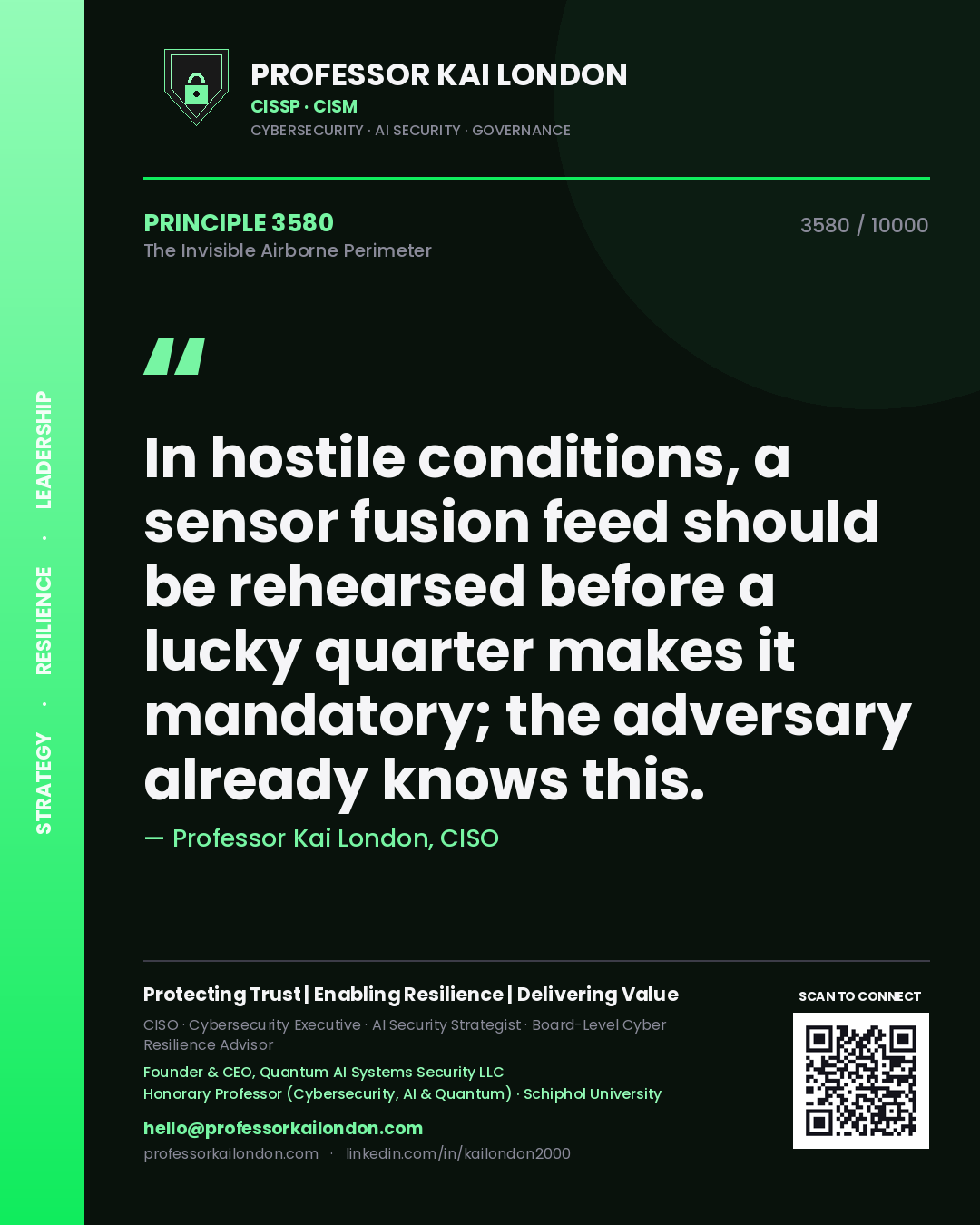 Quote card by Professor Kai London reading 'In hostile conditions, a sensor fusion feed should be rehearsed before a lucky quarter makes it mandatory; the adversary already knows this.'. From the book The Invisible Airborne Perimeter.