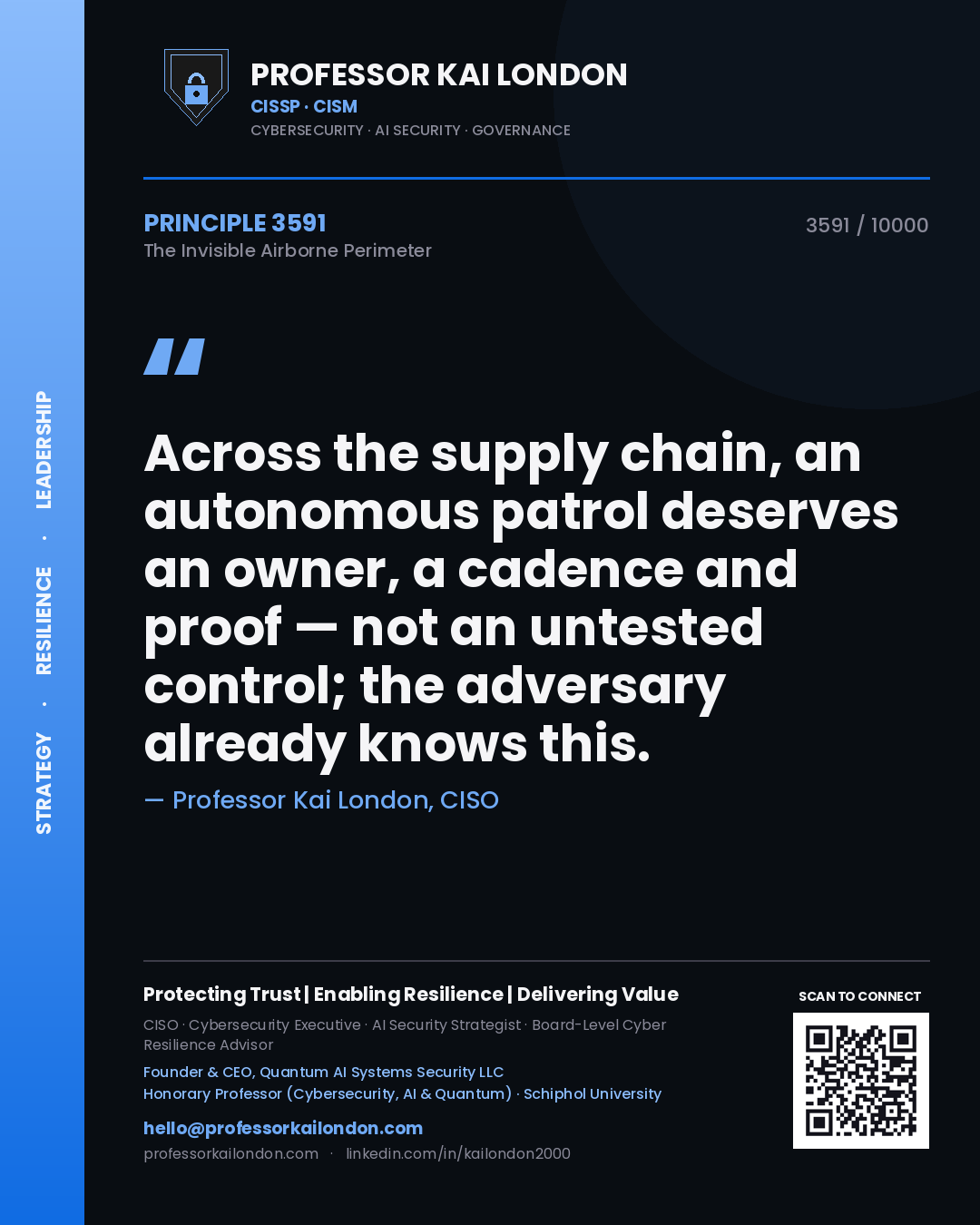 Professor Kai London principle 3591: Across the supply chain, an autonomous patrol deserves an owner, a cadence and proof — not an untested control; the adversary already knows this.