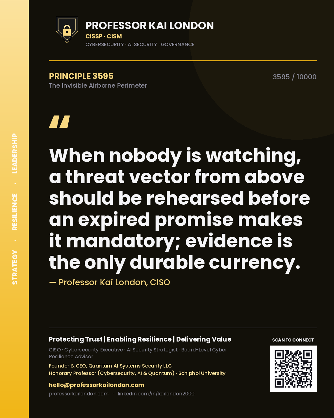 Quote card by Professor Kai London reading 'When nobody is watching, a threat vector from above should be rehearsed before an expired promise makes it mandatory; evidence is the only durable currency.'. From the book The Invisible Airborne Perimeter.