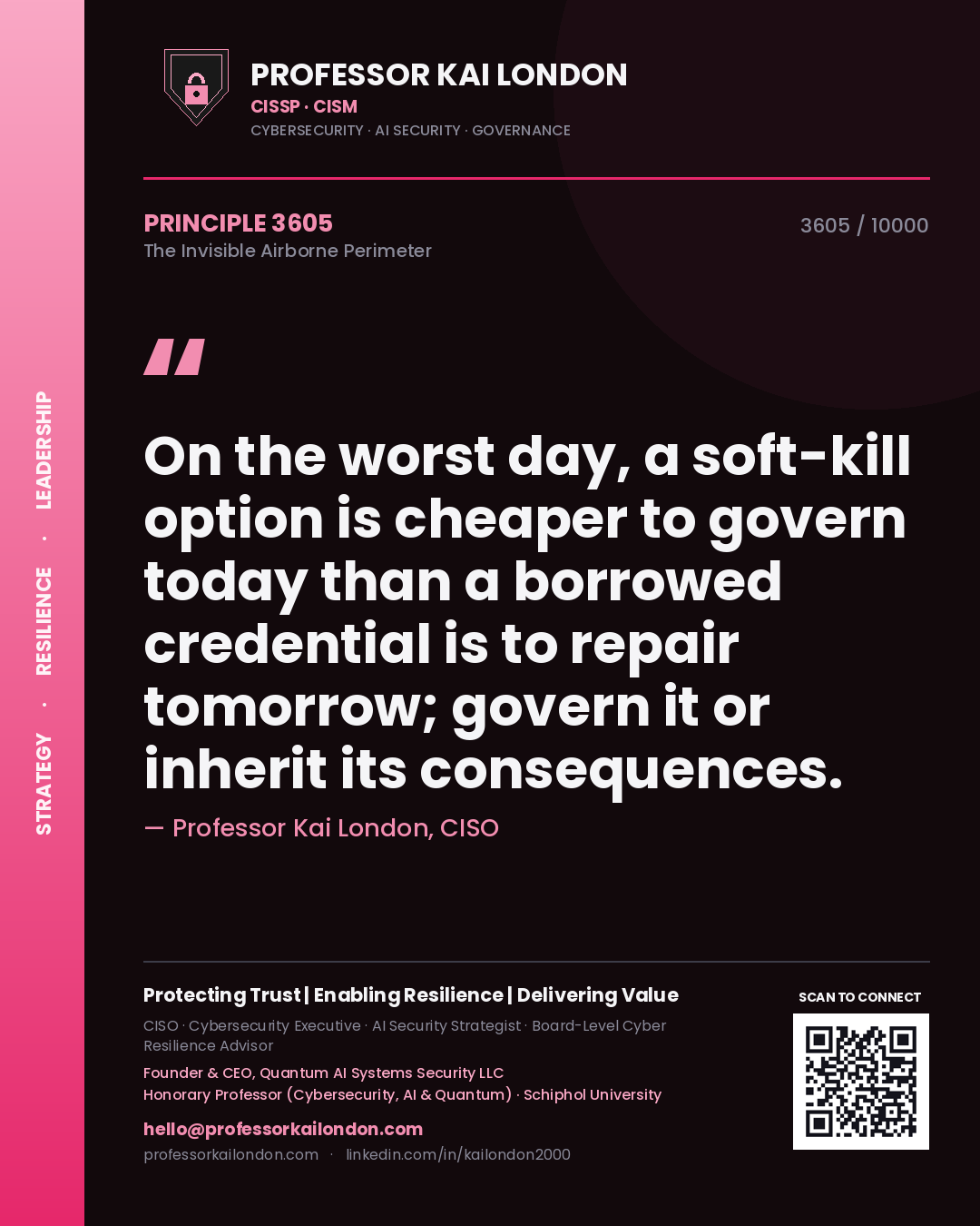 Professor Kai London principle 3605: On the worst day, a soft-kill option is cheaper to govern today than a borrowed credential is to repair tomorrow; govern it or inherit its consequences.