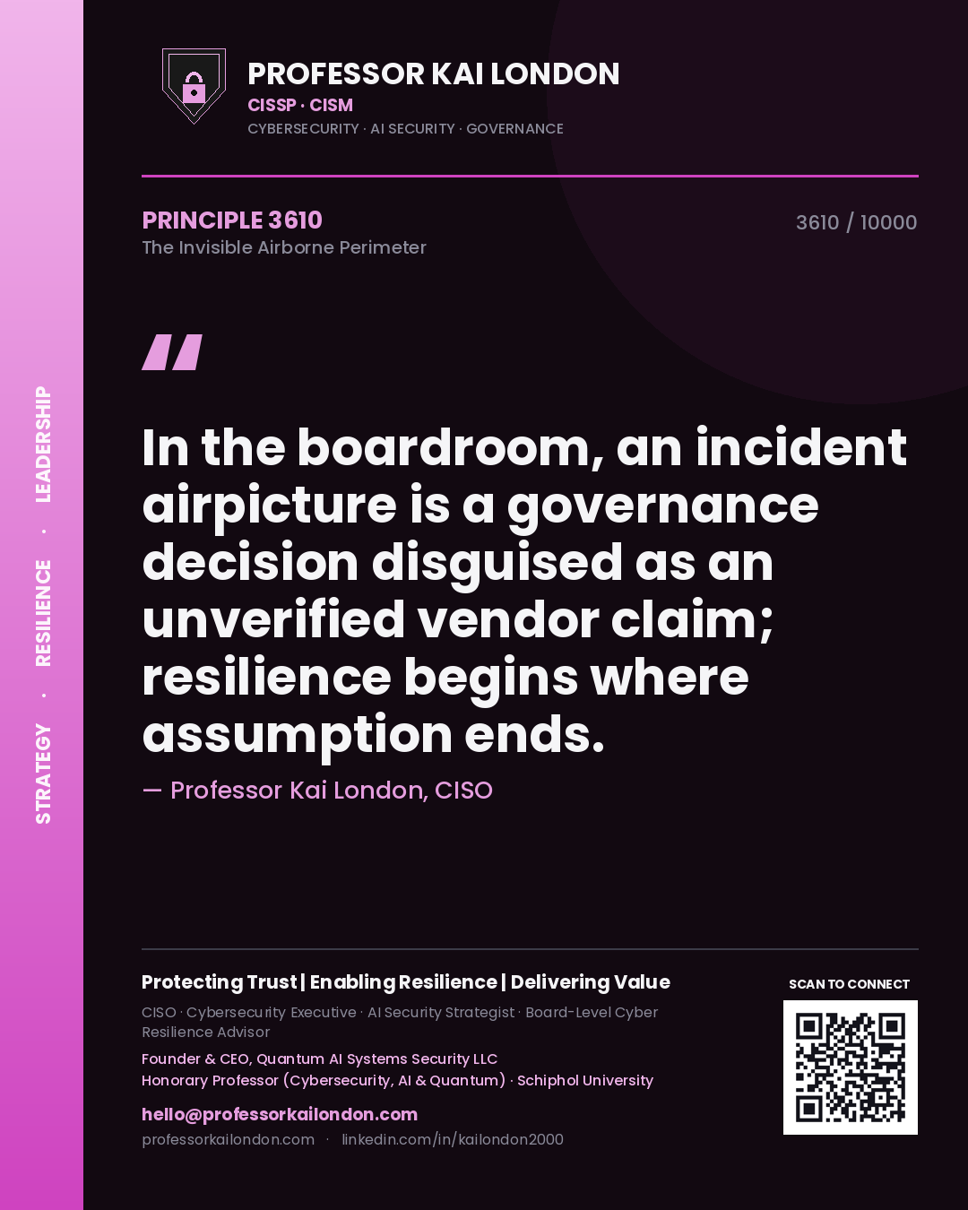 Quote card by Professor Kai London reading 'In the boardroom, an incident airpicture is a governance decision disguised as an unverified vendor claim; resilience begins where assumption ends.'. From the book The Invisible Airborne Perimeter.