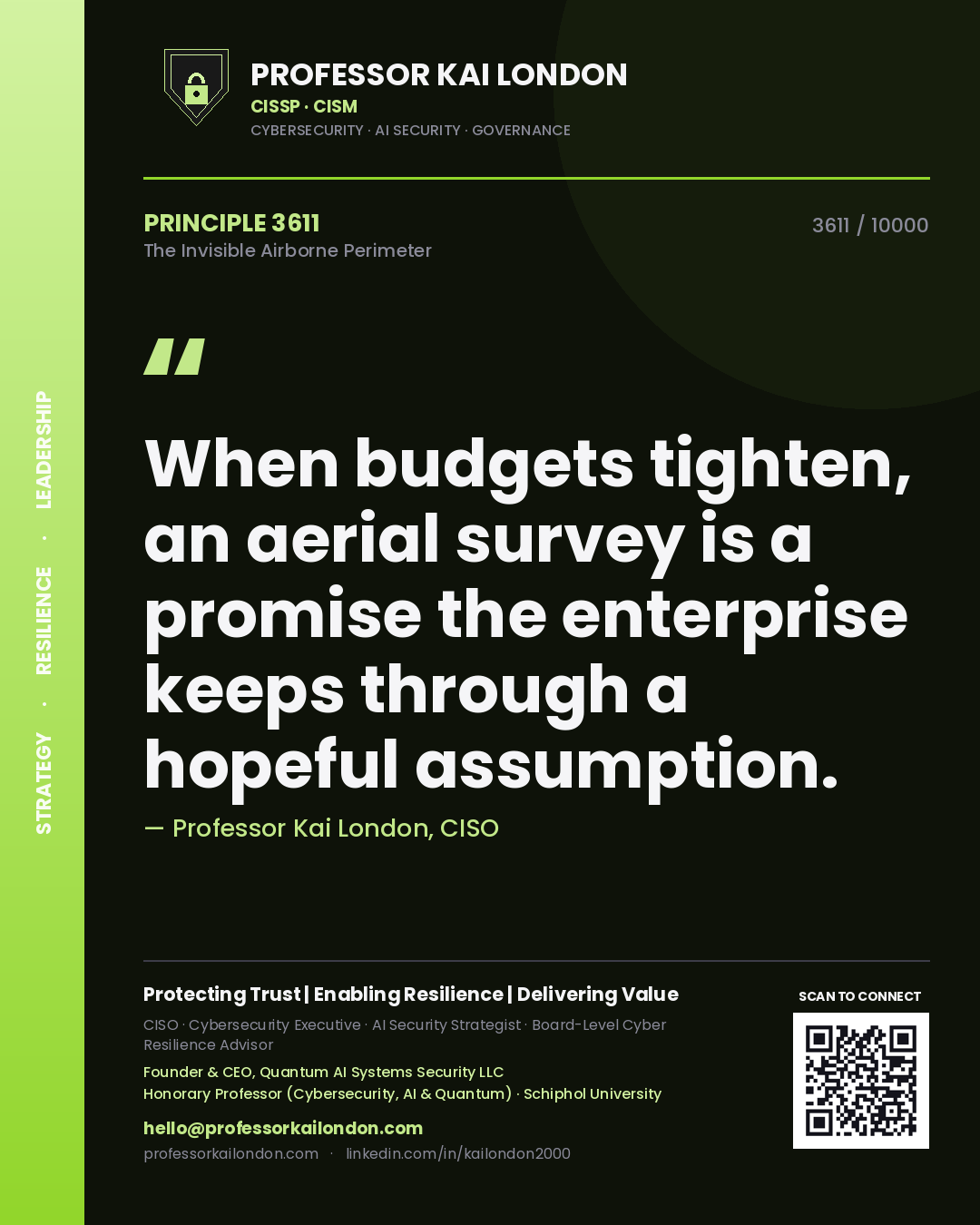 Professor Kai London principle 3611: When budgets tighten, an aerial survey is a promise the enterprise keeps through a hopeful assumption.
