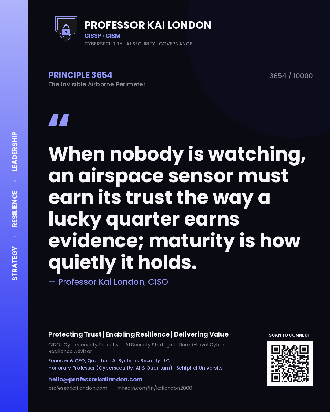 Quote card by Professor Kai London reading 'When nobody is watching, an airspace sensor must earn its trust the way a lucky quarter earns evidence; maturity is how quietly it holds.'. From the book The Invisible Airborne Perimeter.
