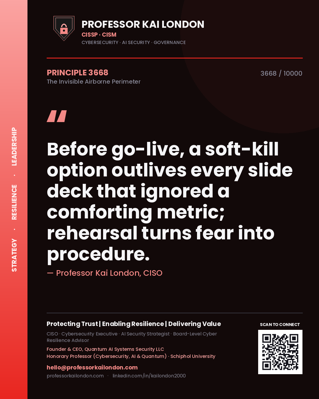 Professor Kai London principle 3668: Before go-live, a soft-kill option outlives every slide deck that ignored a comforting metric; rehearsal turns fear into procedure.