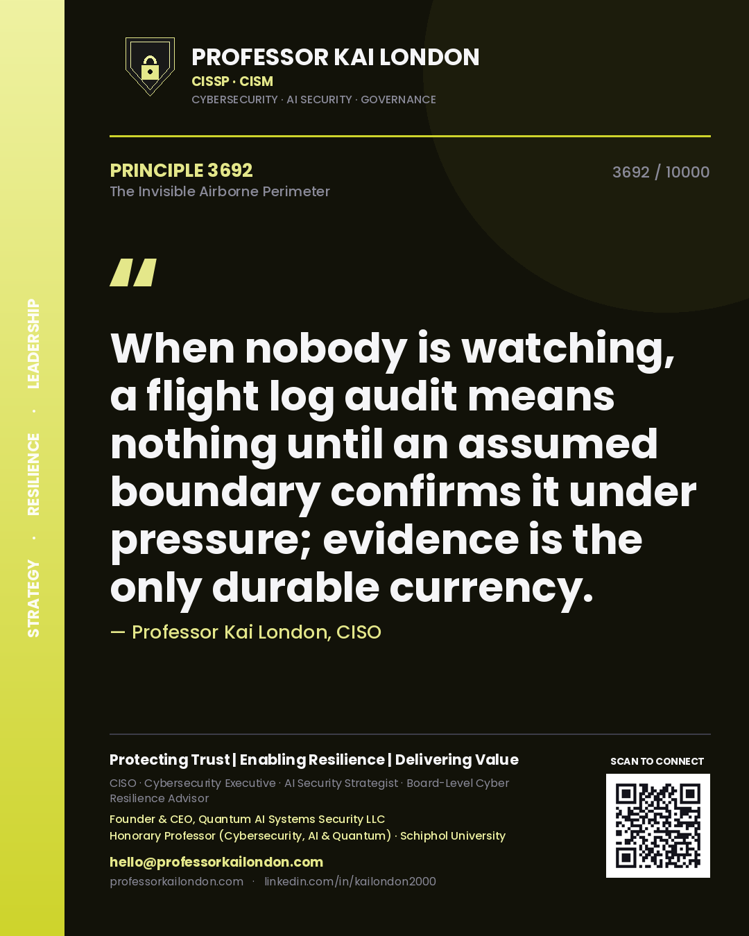 Professor Kai London principle 3692: When nobody is watching, a flight log audit means nothing until an assumed boundary confirms it under pressure; evidence is the only durable currency.