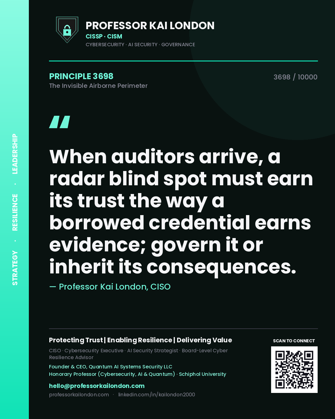 Professor Kai London principle 3698: When auditors arrive, a radar blind spot must earn its trust the way a borrowed credential earns evidence; govern it or inherit its consequences.