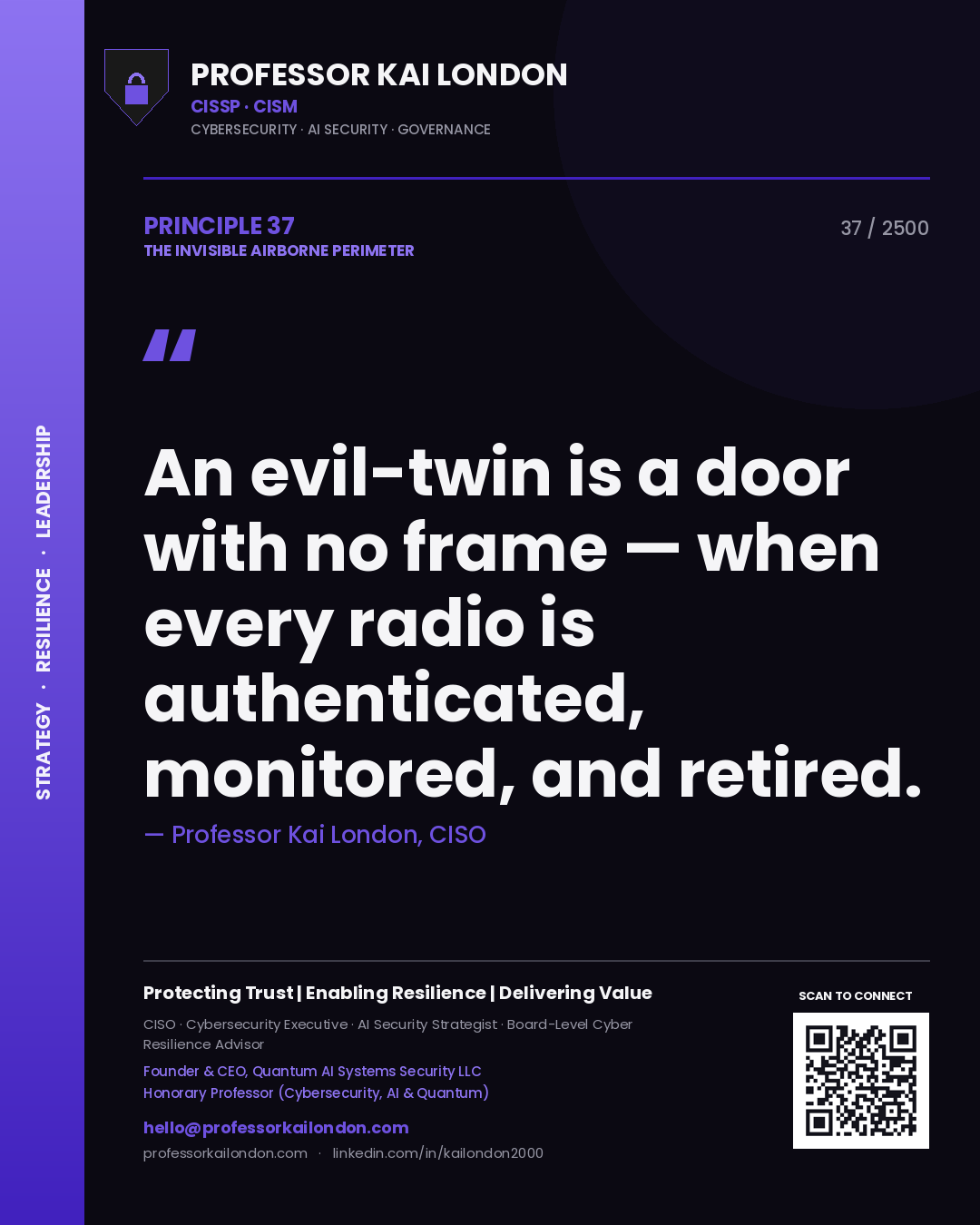 Quote card by Professor Kai London reading 'An evil-twin is a door with no frame — when every radio is authenticated, monitored, and retired.'. From the book The Invisible Airborne Perimeter.