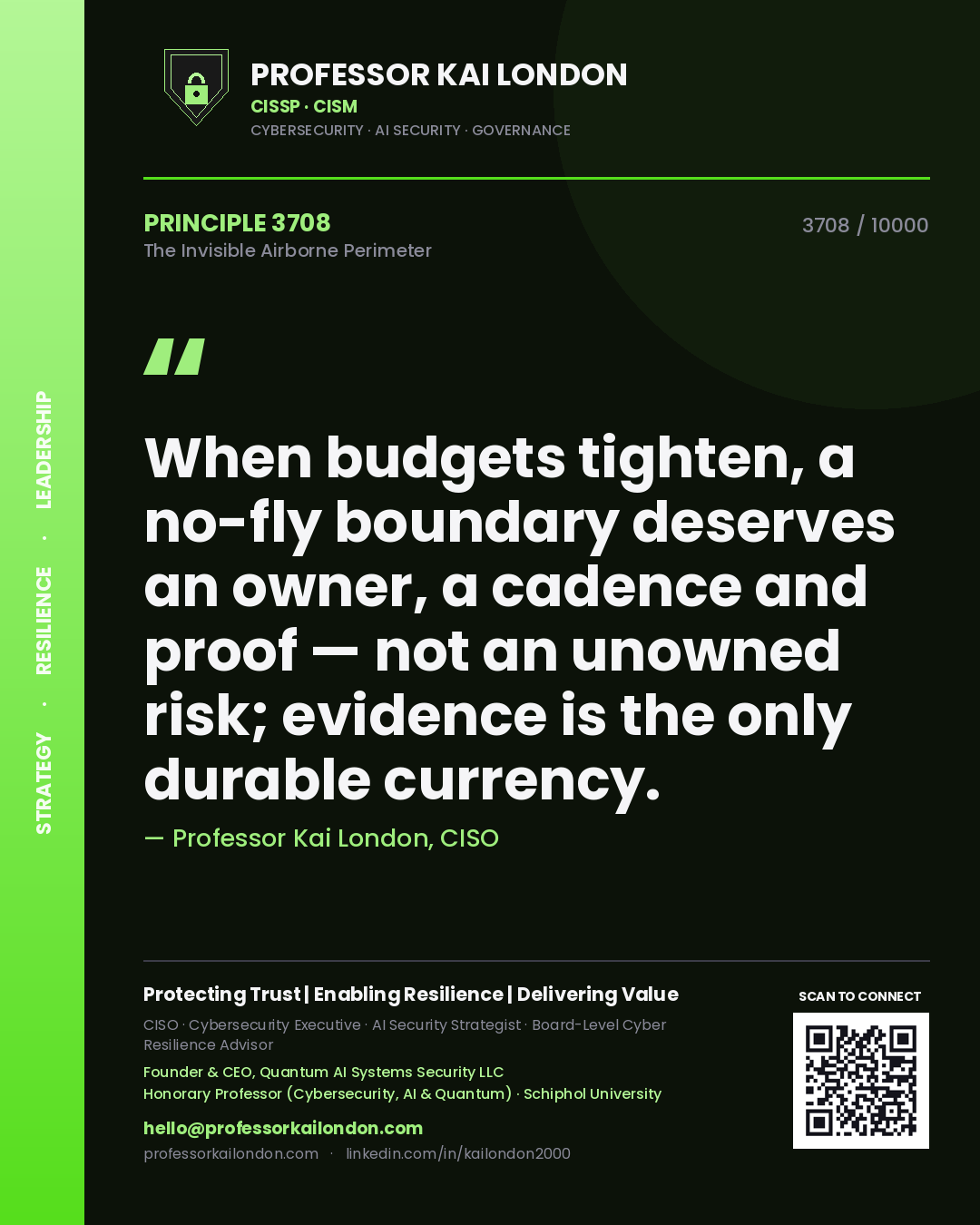 Quote card by Professor Kai London reading 'When budgets tighten, a no-fly boundary deserves an owner, a cadence and proof — not an unowned risk; evidence is the only durable currency.'. From the book The Invisible Airborne Perimeter.