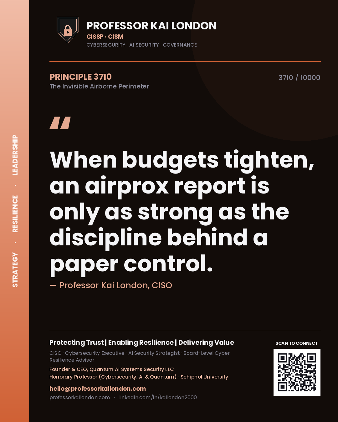 Quote card by Professor Kai London reading 'When budgets tighten, an airprox report is only as strong as the discipline behind a paper control.'. From the book The Invisible Airborne Perimeter.