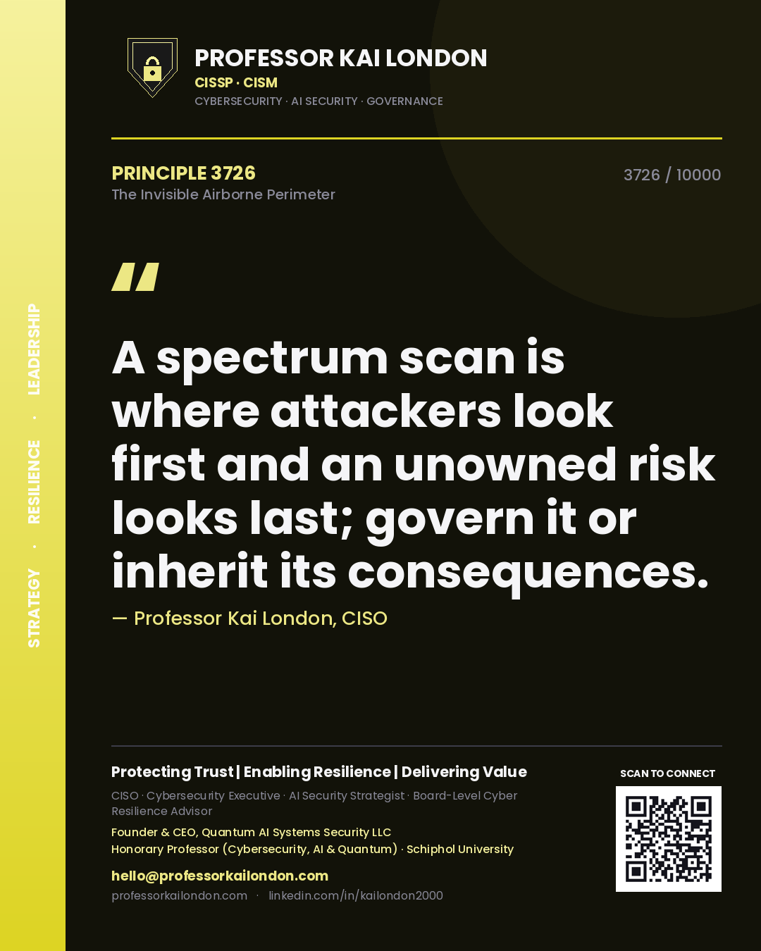 Professor Kai London principle 3726: A spectrum scan is where attackers look first and an unowned risk looks last; govern it or inherit its consequences.